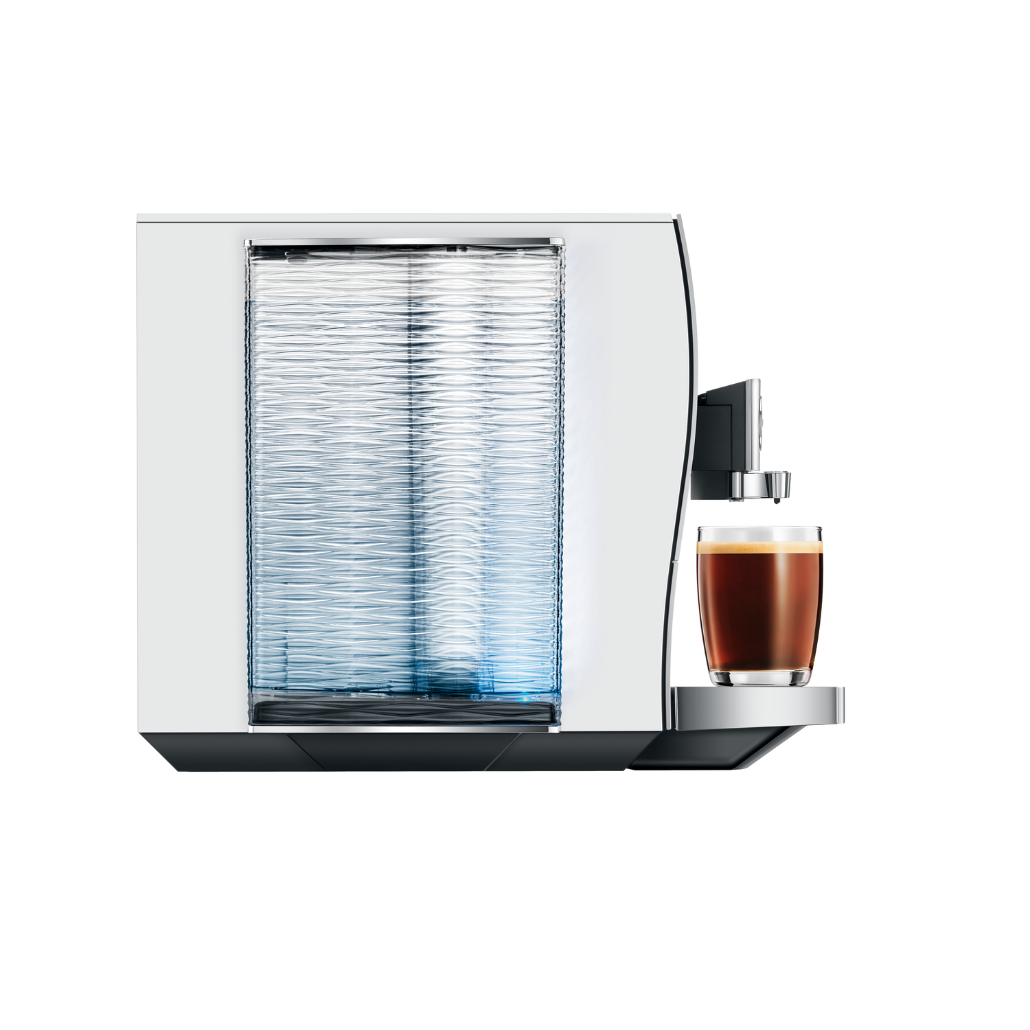 A modern coffee machine with a glass of coffee. The machine is white and has a clear water container. The coffee is dark.