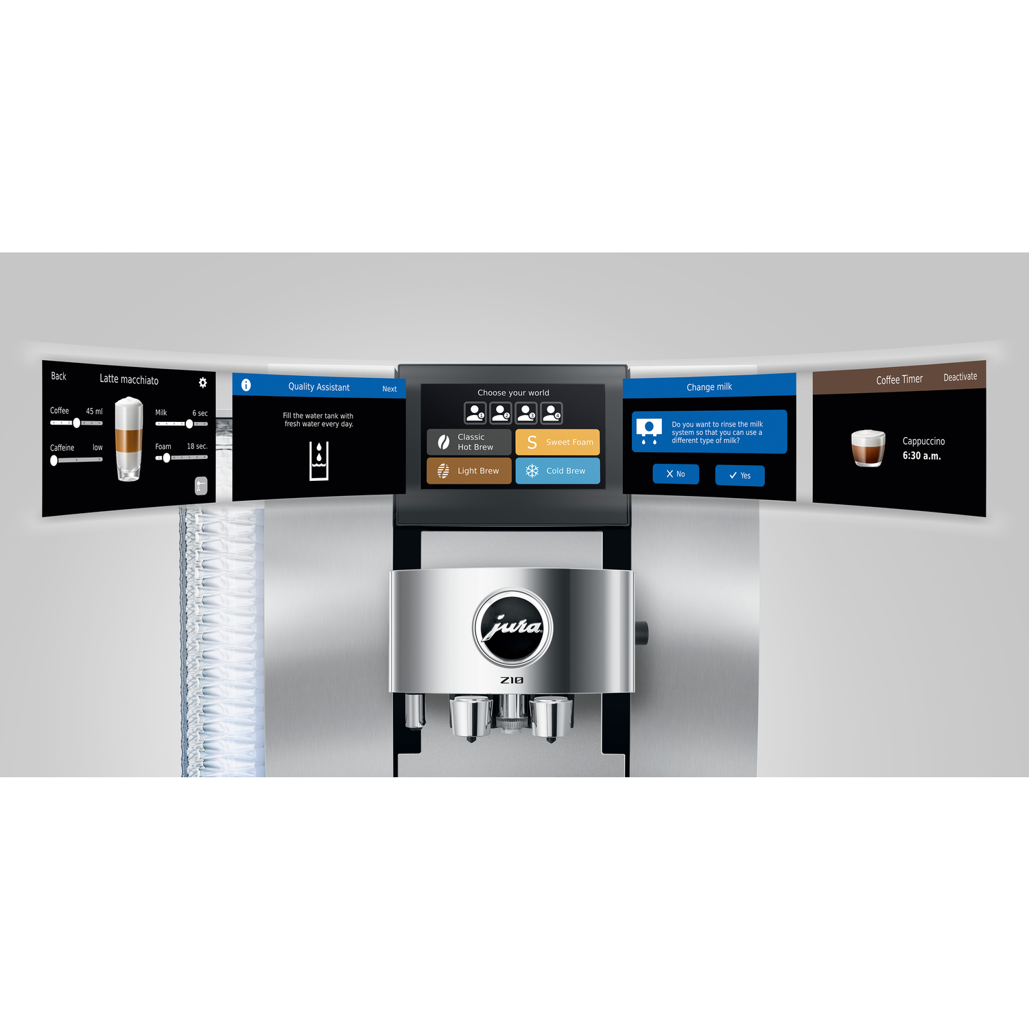 Coffee machine interface showing options for latte macchiato, quality assistant, and coffee choices. Displays include drink settings and a timer.