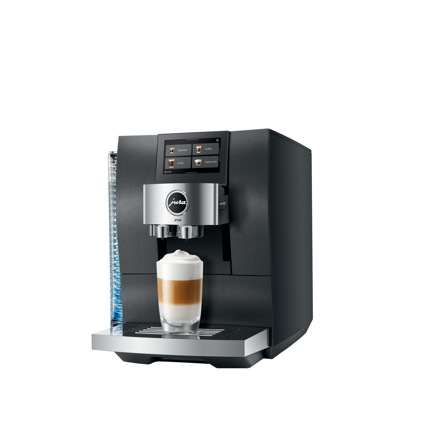 A black Jura Z10 coffee machine with a latte glass in front. The machine has a touchscreen and a silver logo.