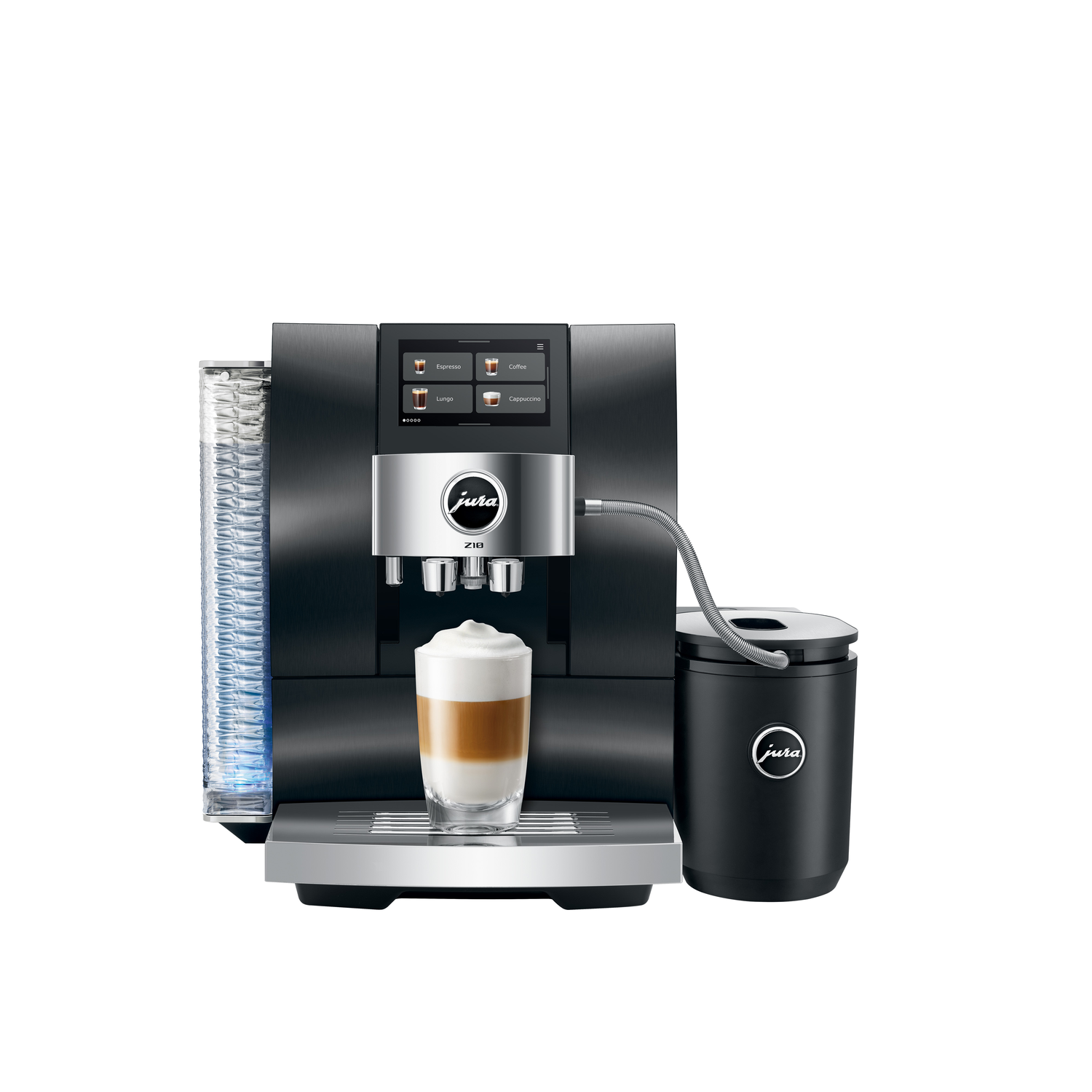 A black and silver Jura coffee machine with a glass of latte macchiato. The machine has a touch screen and a milk container.