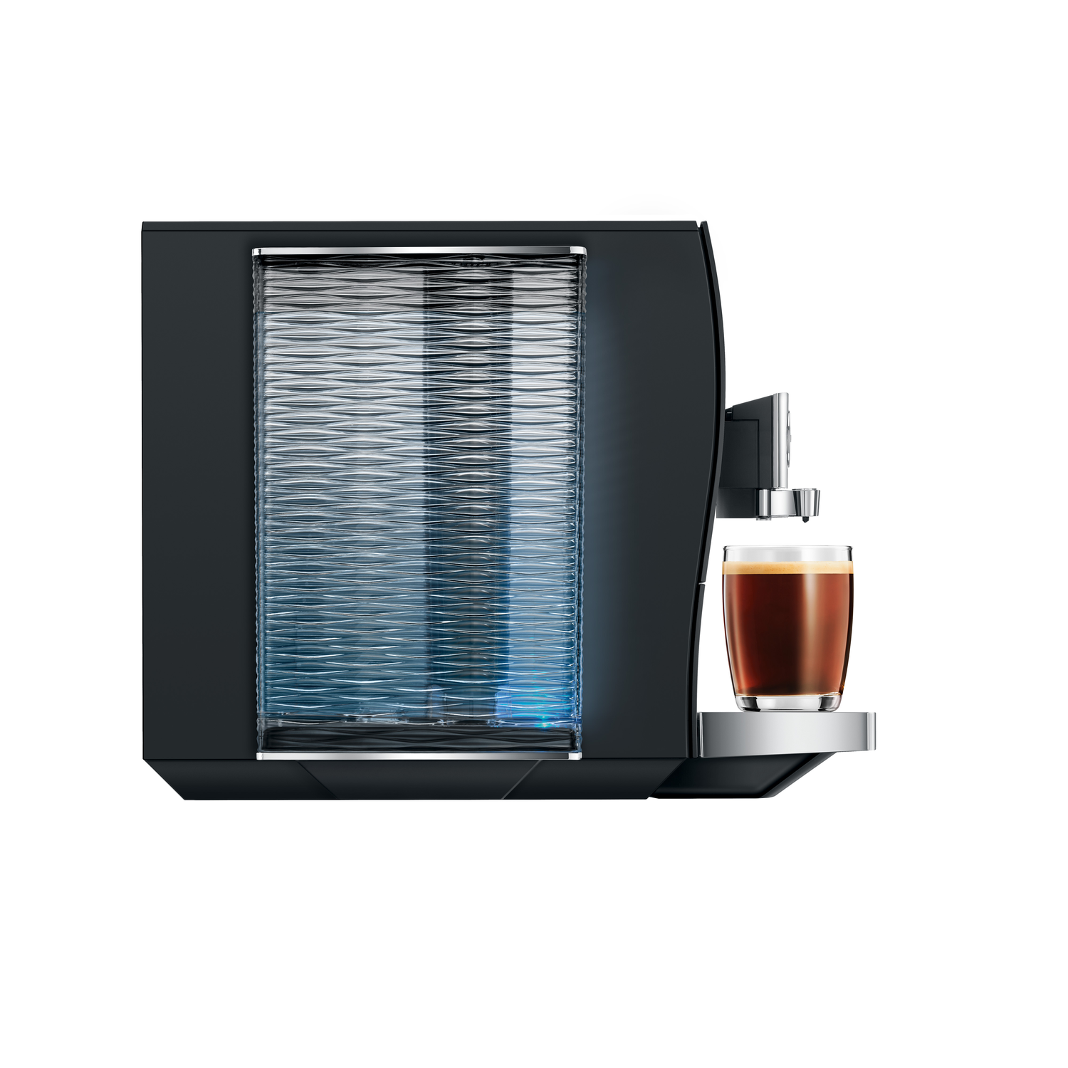 A black espresso machine with a glass of coffee on a silver stand. The machine has a transparent water tank with wavy lines.