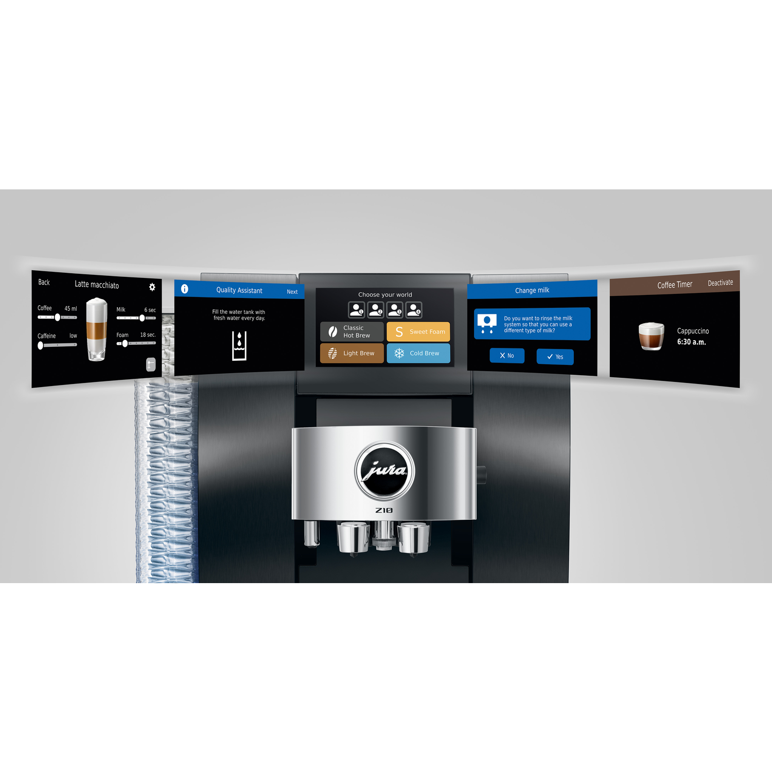 A coffee machine interface displays options for coffee selection, settings, and a digital display, with a stainless steel front panel.