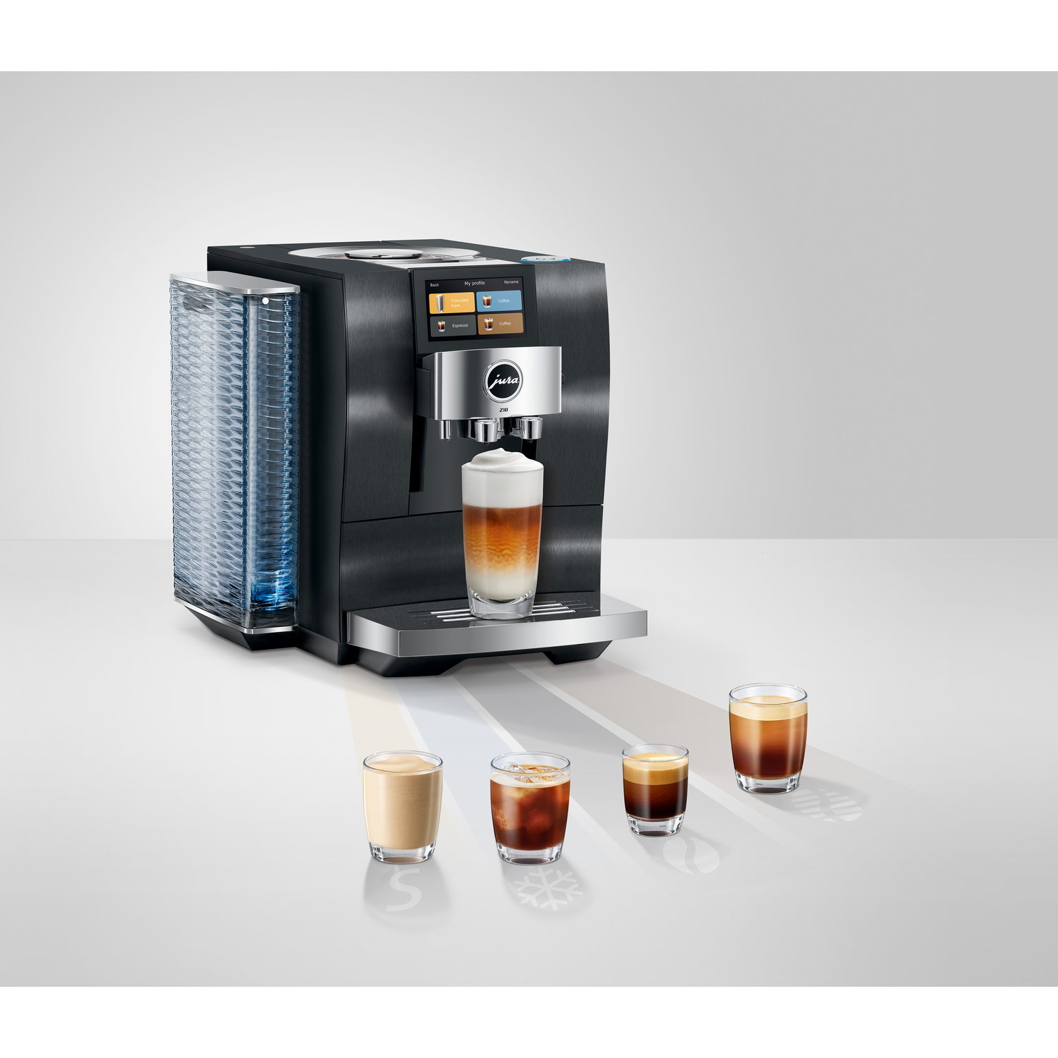 A black coffee machine with a glass of latte, surrounded by coffee glasses. White background.