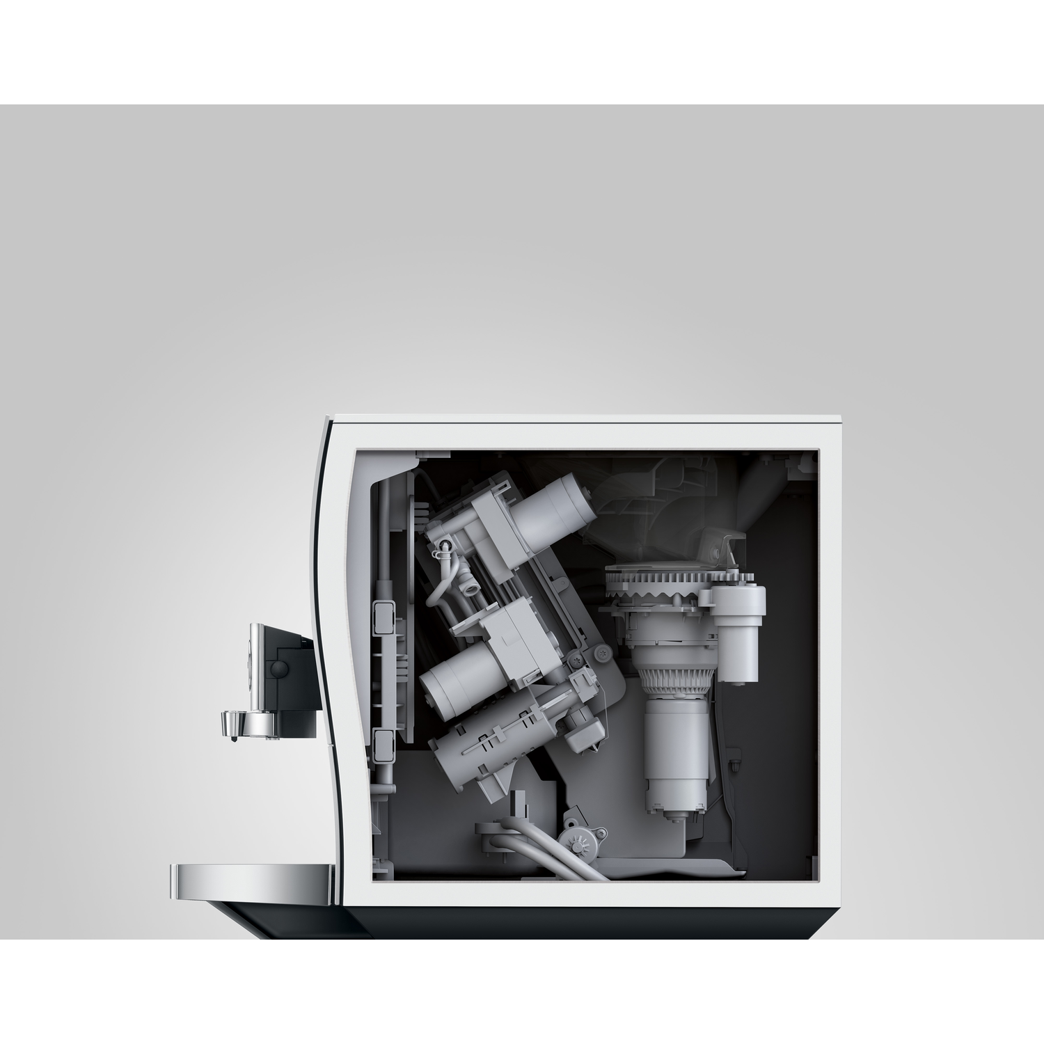 Cutaway view of a coffee machine, showing internal components like grinders, tubes, and brewing mechanisms, set against a light gray background.