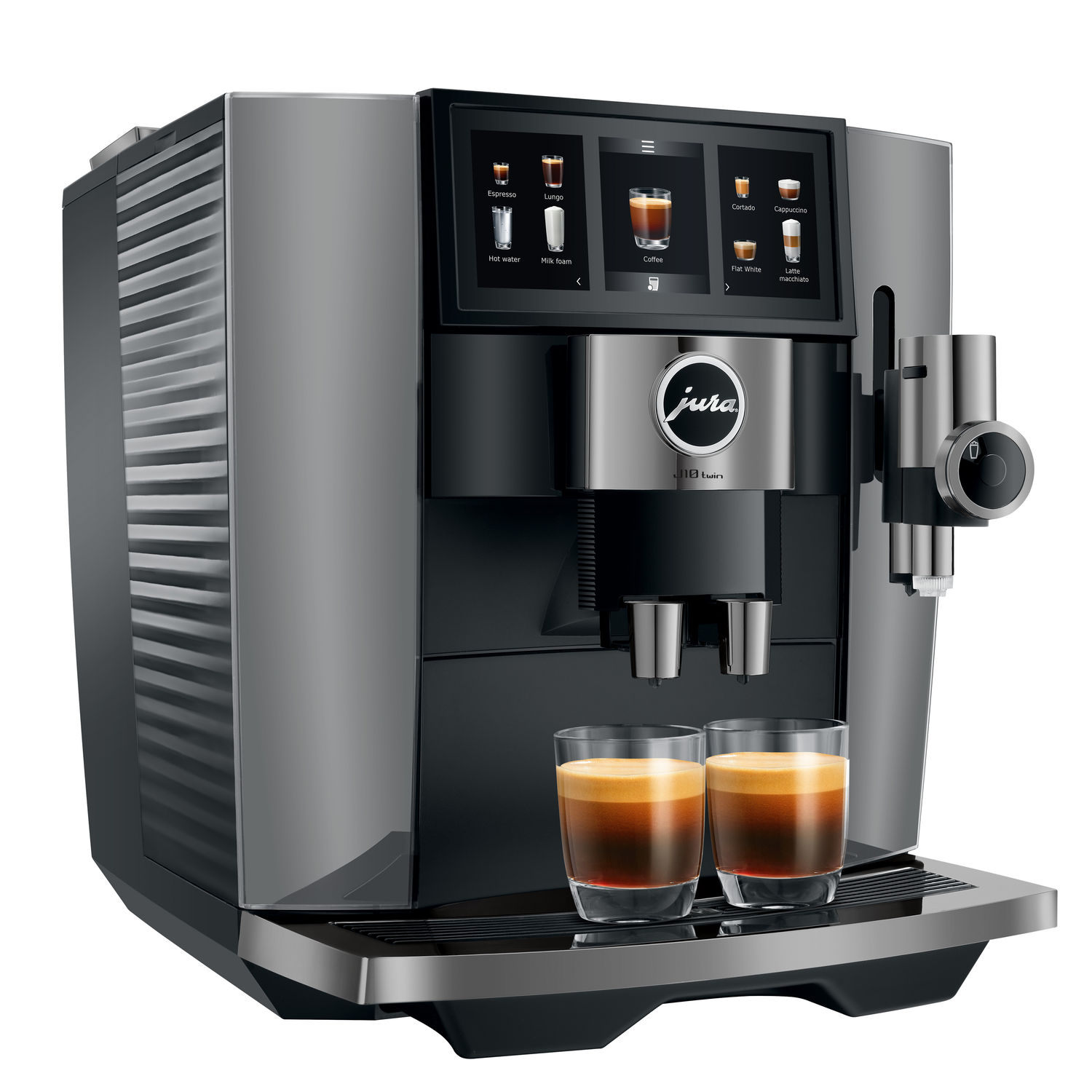 A silver and black Jura coffee machine with a touchscreen displaying coffee options. Two glasses of espresso sit below.