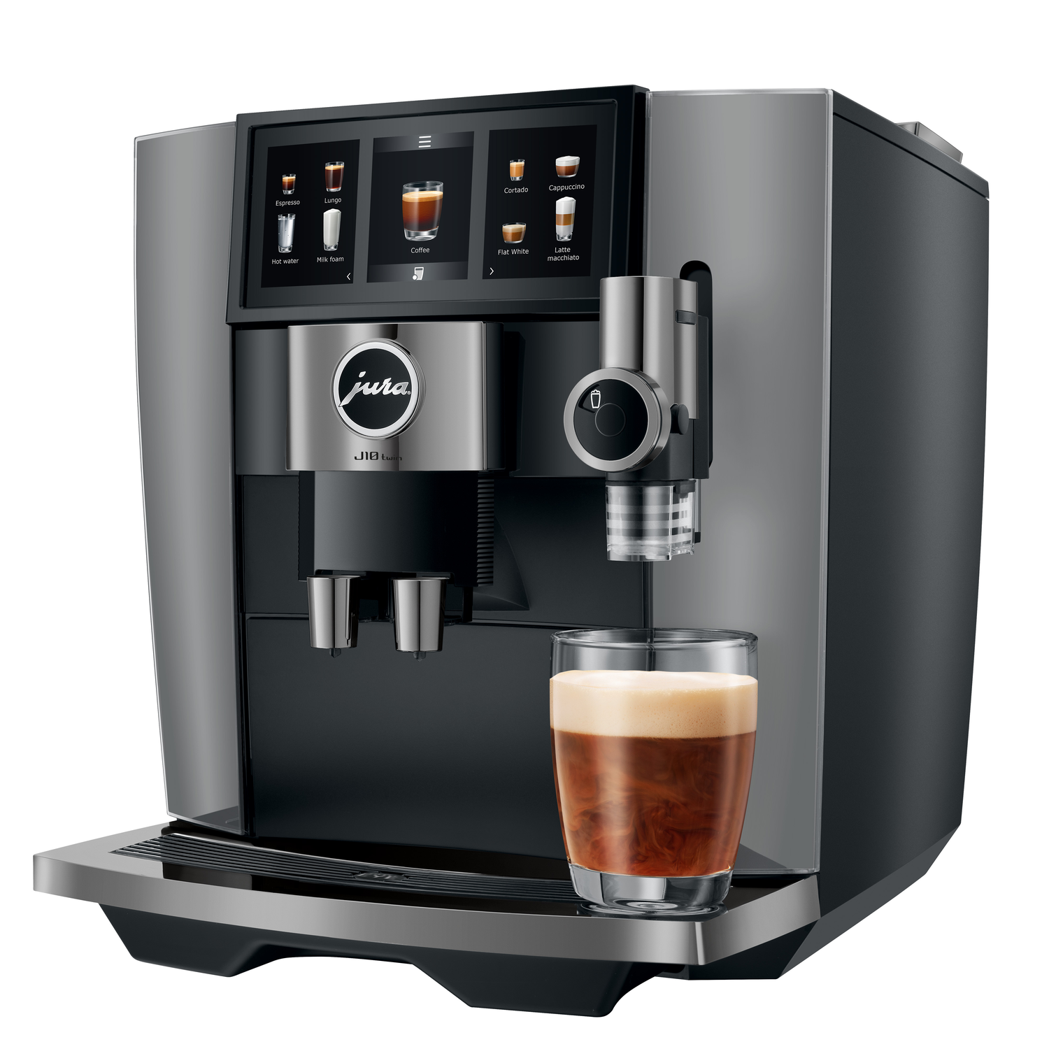 A Jura J10 twin coffee machine with a glass of coffee. It has a touch screen with coffee options. The machine is grey and black.