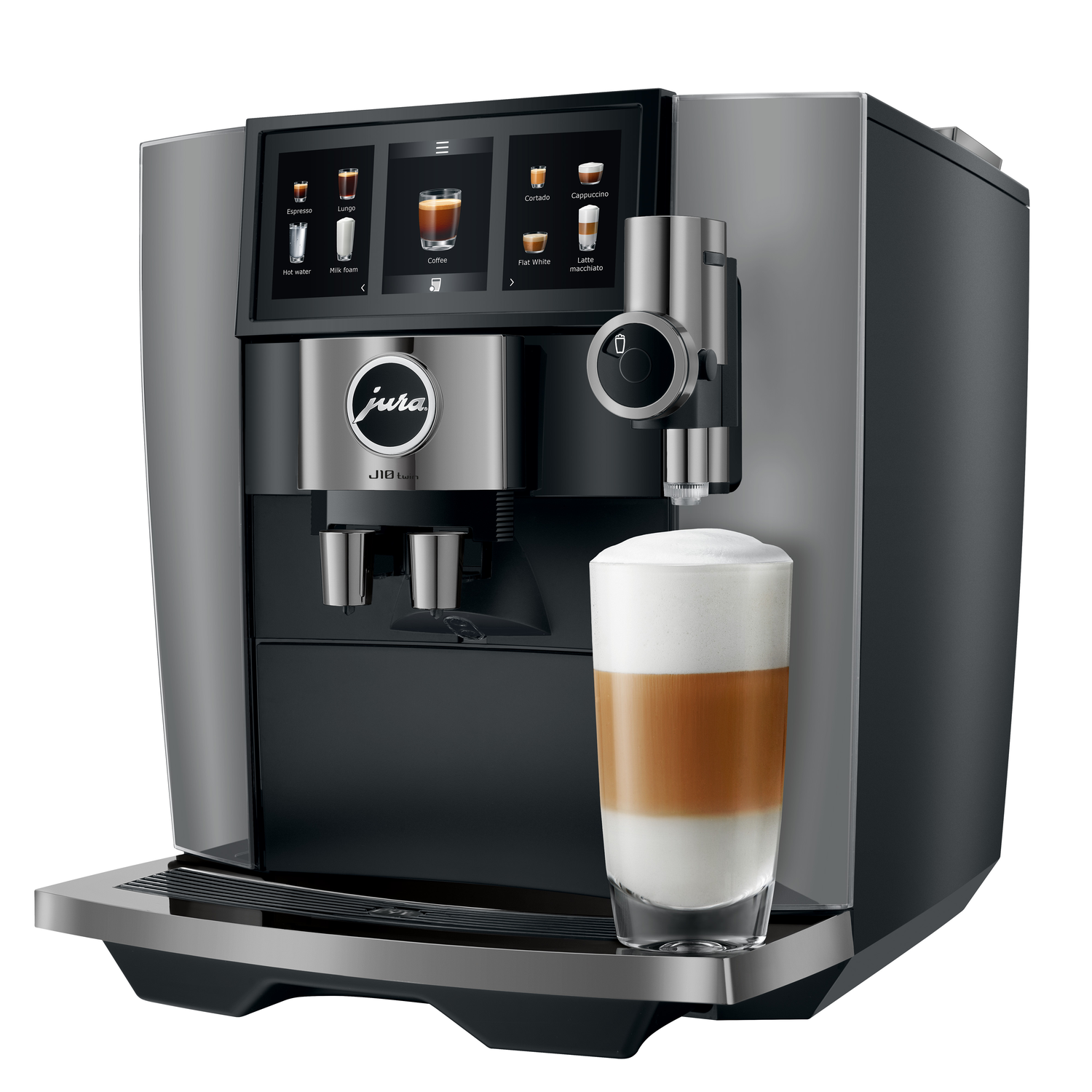 A Jura coffee machine with a touchscreen. A glass of latte macchiato is in front. Various coffee options are displayed on the screen.