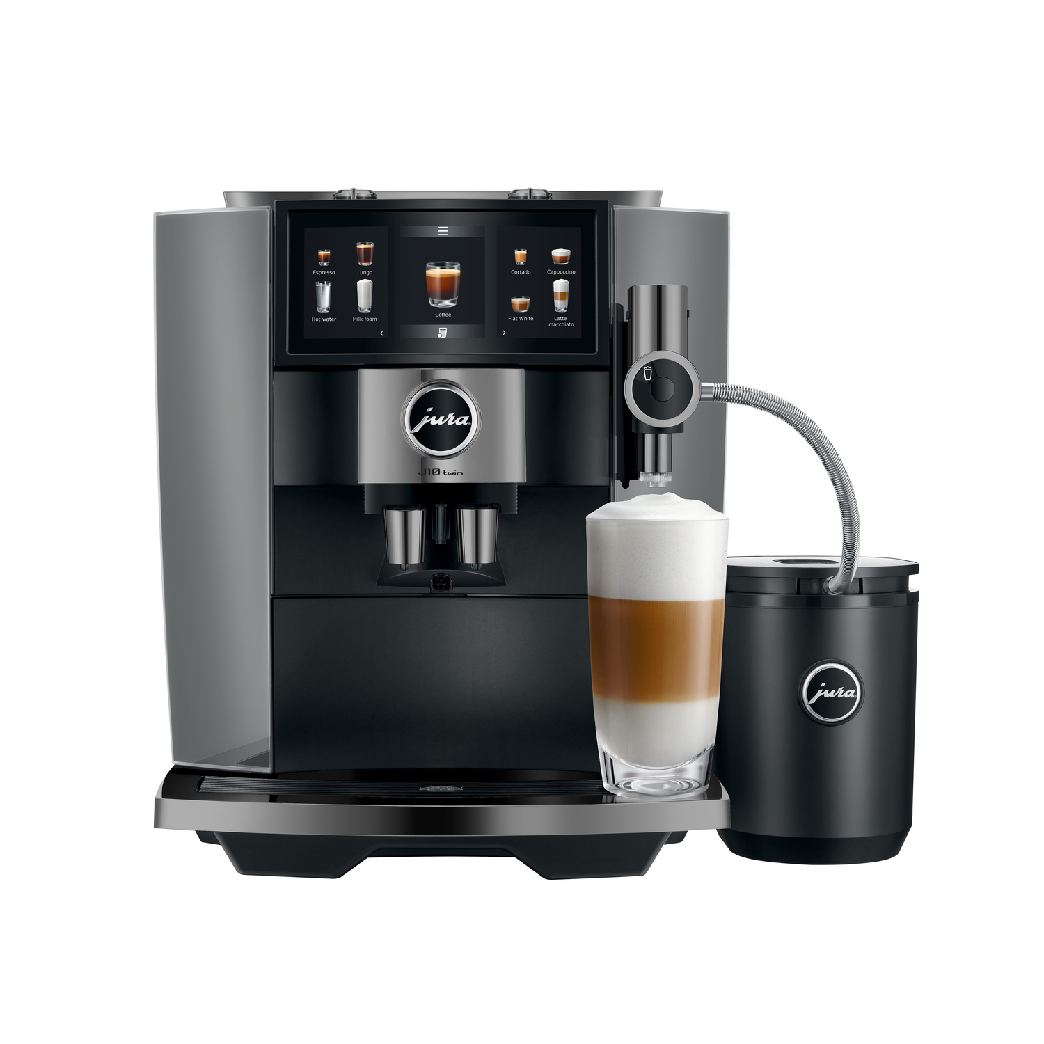 A silver and black Jura coffee machine with a glass of latte macchiato. It has a touchscreen and a milk frother.