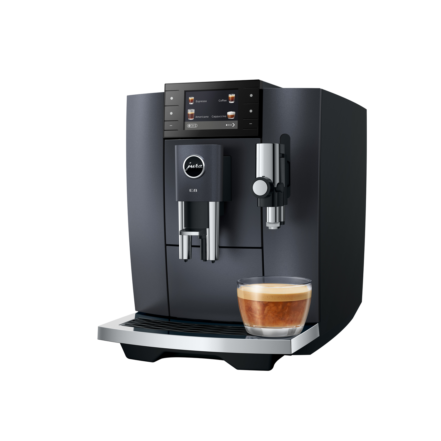 A black Jura E8 coffee machine with a glass of coffee. The machine has a touchscreen and chrome accents.
