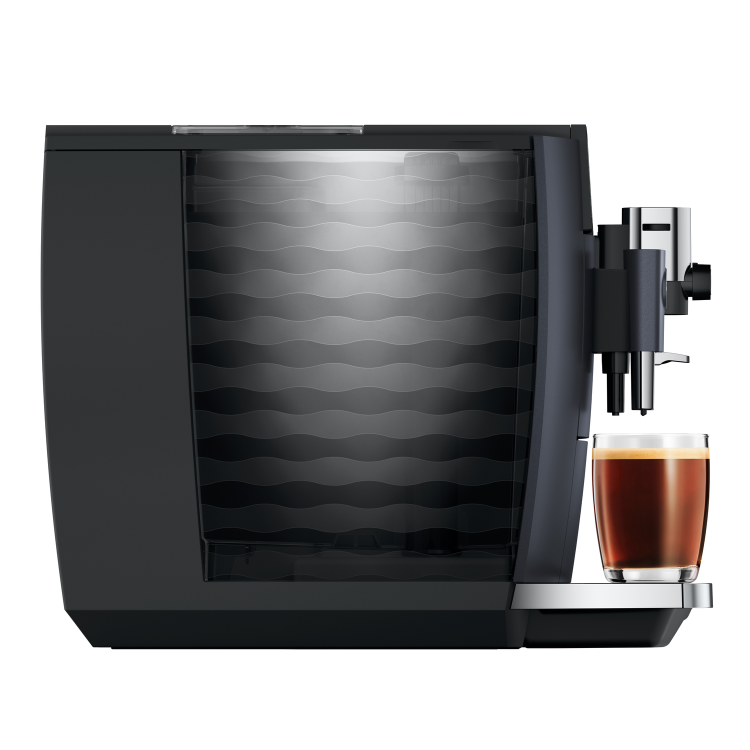 A black and gray espresso machine with a glass of coffee. The machine has a water tank with wave-like design.