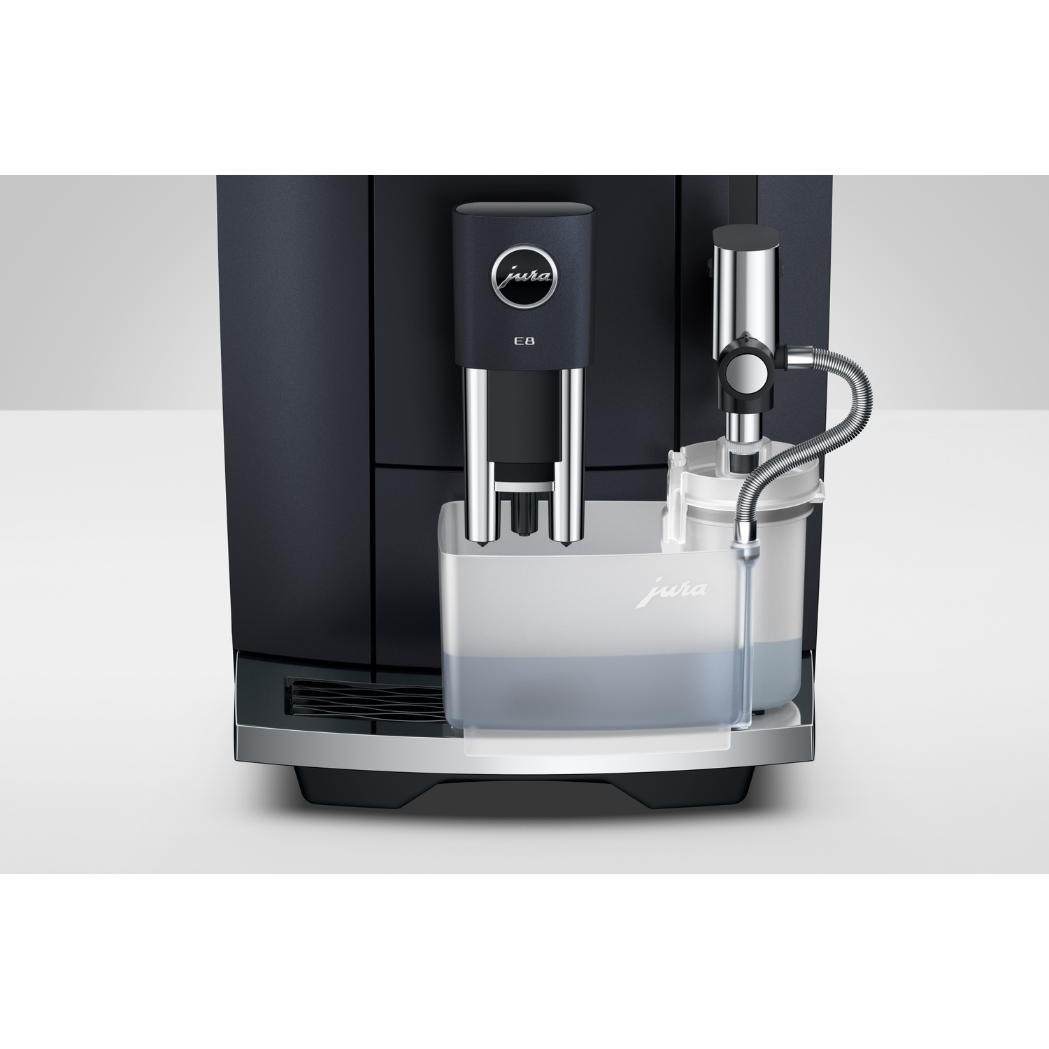 A black Jura E8 coffee machine. It has a water tank, a steam wand, and the Jura logo.