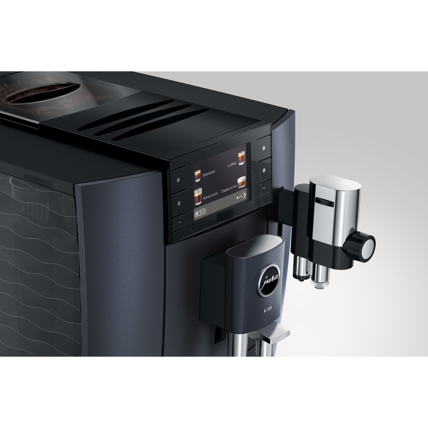 A modern black and silver espresso machine, with a touch screen display showing coffee options. The machine has a silver spout.