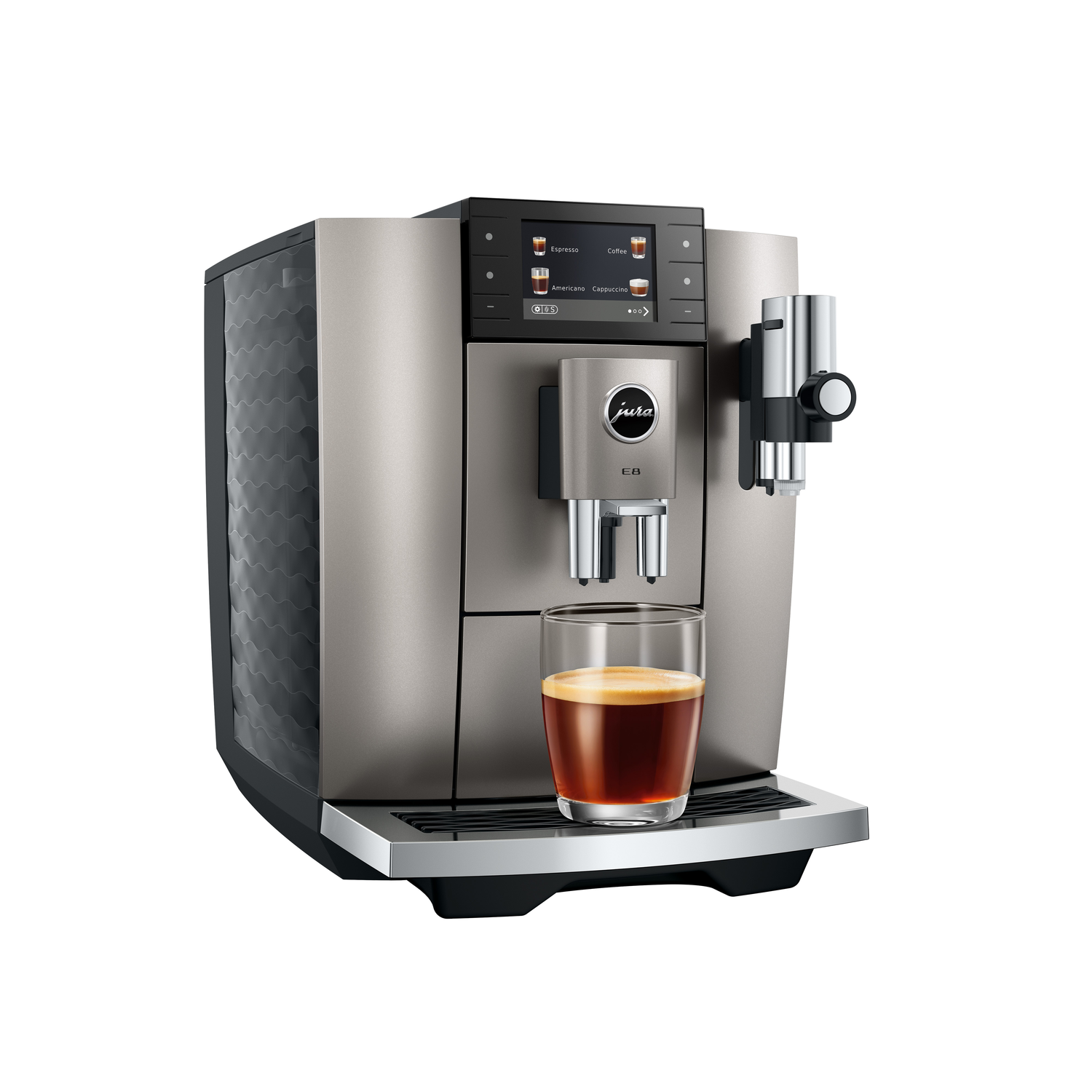 A silver Jura E8 coffee machine with a glass of coffee. It has a black display and a silver spout. The background is white.
