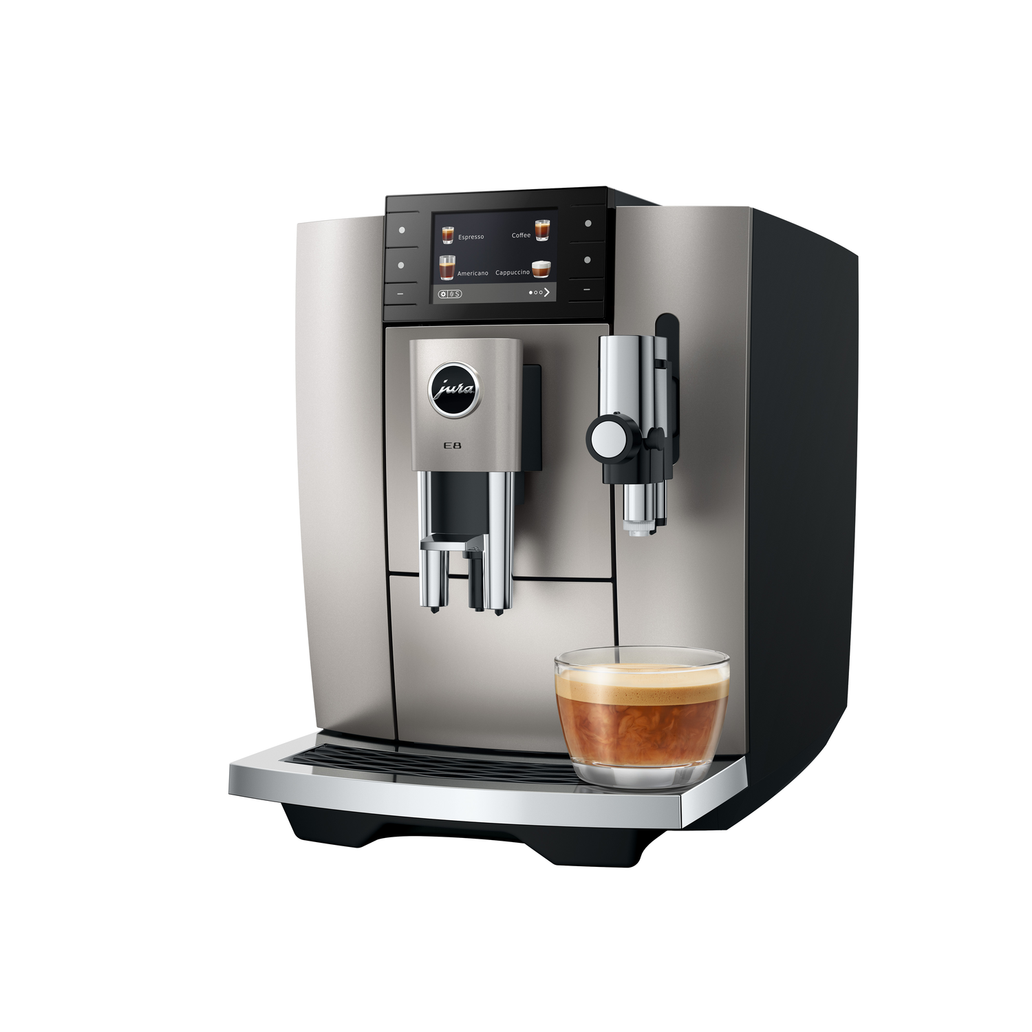 Silver Jura E8 espresso machine with a glass of coffee. It has a touch screen and a silver spout. The background is white.