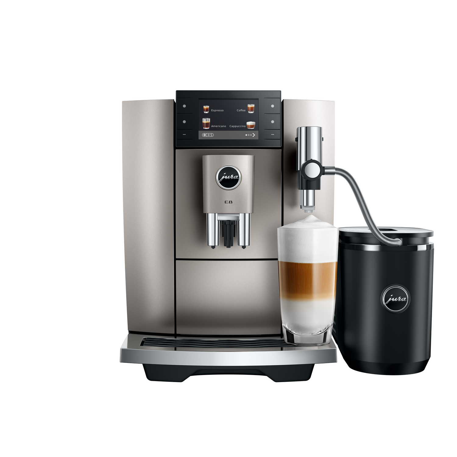 A Jura E8 coffee machine is shown, with a latte macchiato being prepared. A black milk container is on the right.