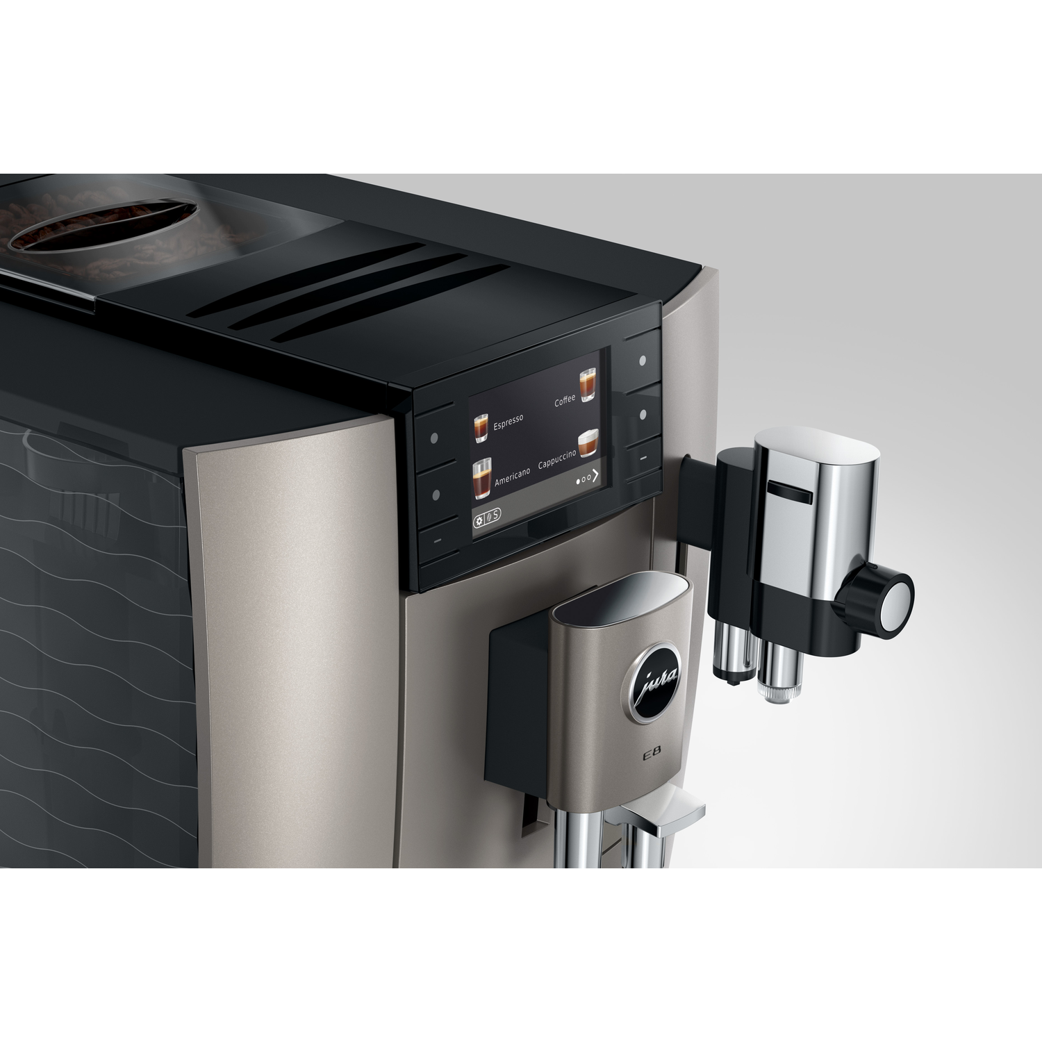 A modern coffee machine with a digital display and metallic finish. The machine has a spout and a bean container on top.