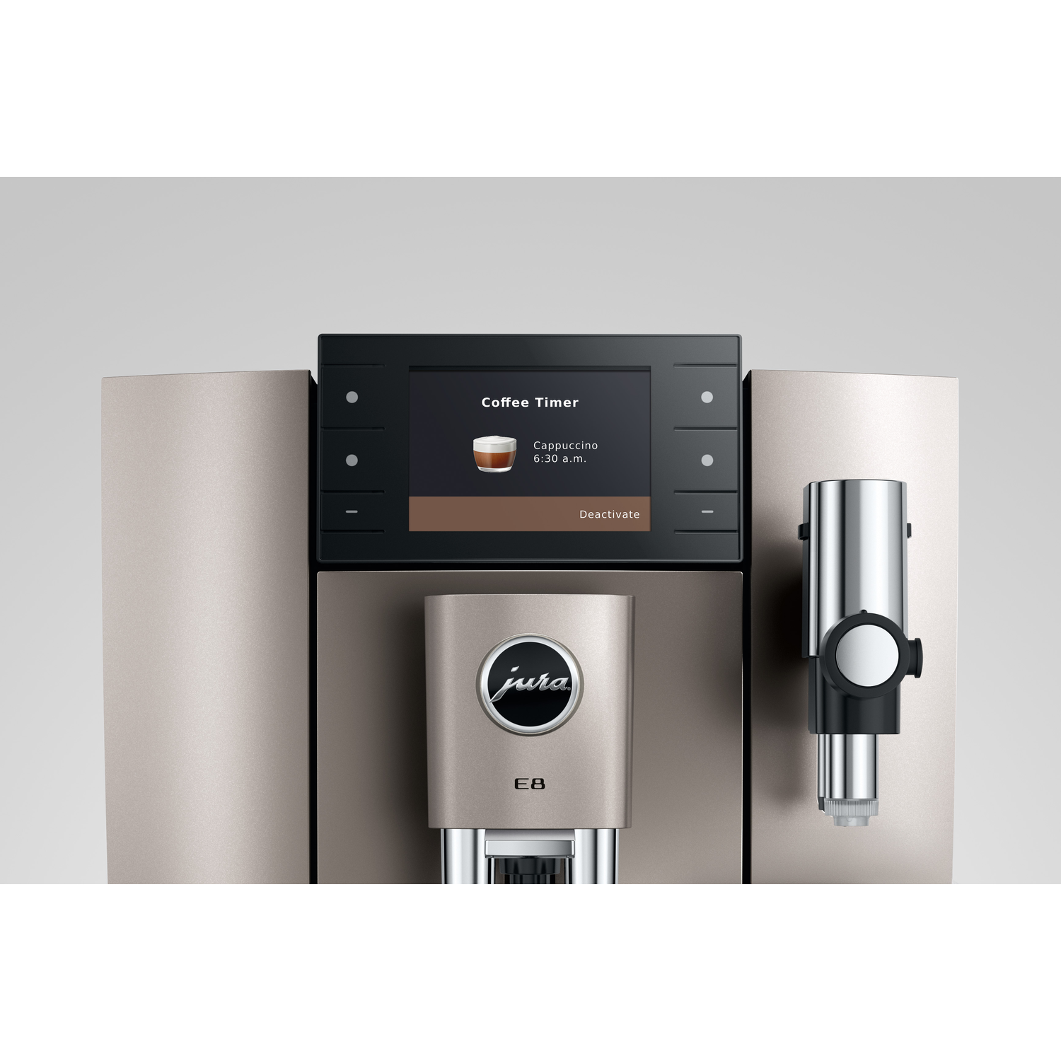 A coffee machine is displayed, showing a cappuccino. A digital screen shows the timer, and the machine has a metallic finish.