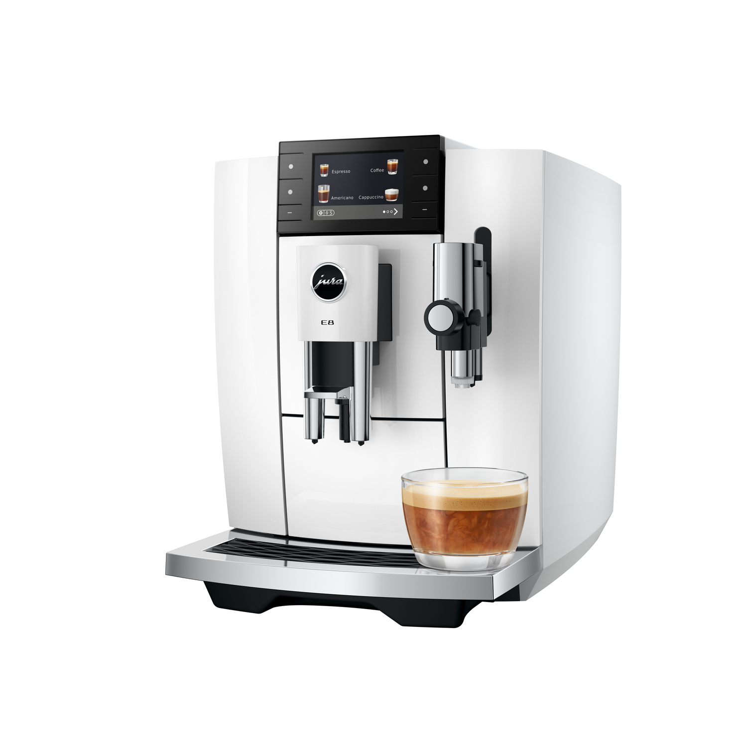 A white Jura E8 coffee machine with a glass of coffee. The machine has a display and a chrome spout. Clear background.