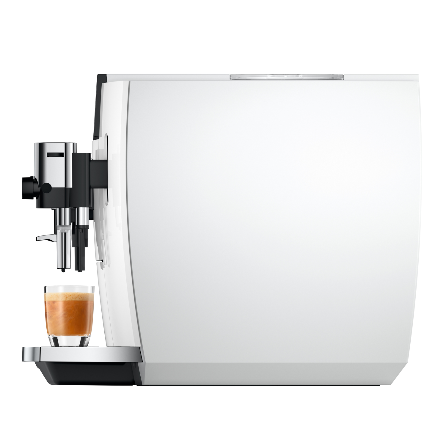 A white and black espresso machine with a glass of coffee in front. Machine is on a white background.