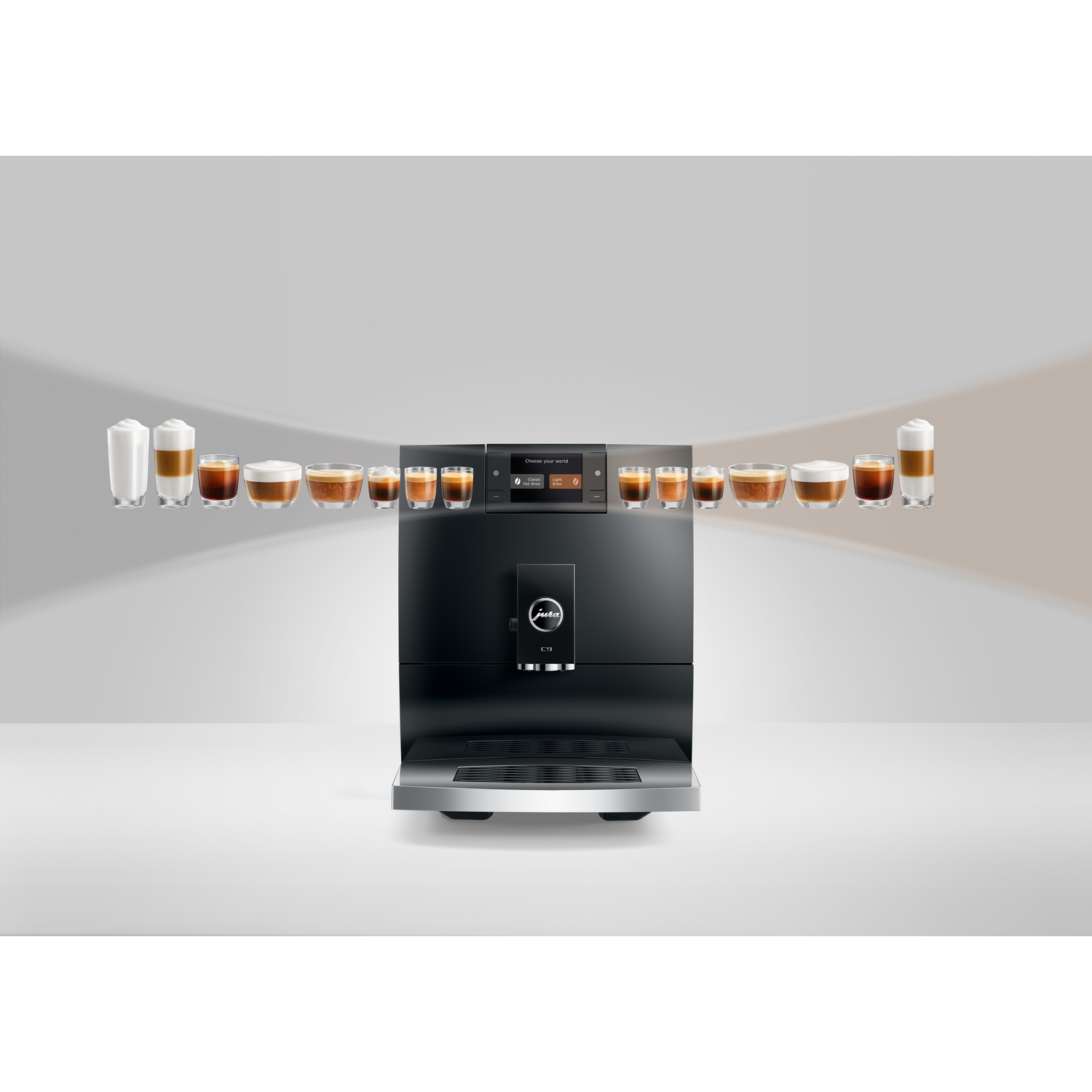 A black Jura E8 coffee machine with various coffee drinks arranged on either side, against a white and light brown background.