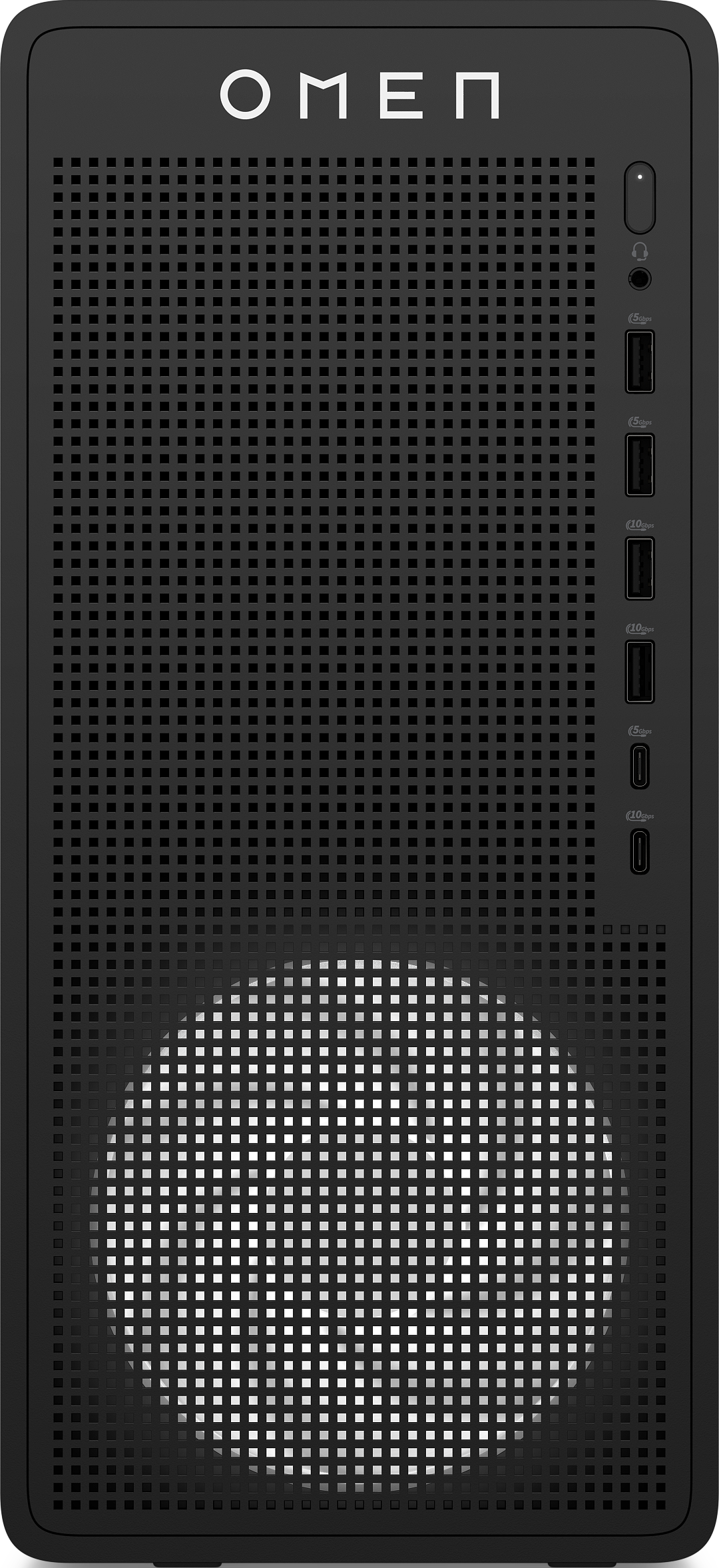 Schwarzes OMEN PC-Gehäuse. Die Vorderseite hat ein perforiertes Design mit dem OMEN-Logo. Es hat Anschlüsse und eine Kopfhörerbuchse.