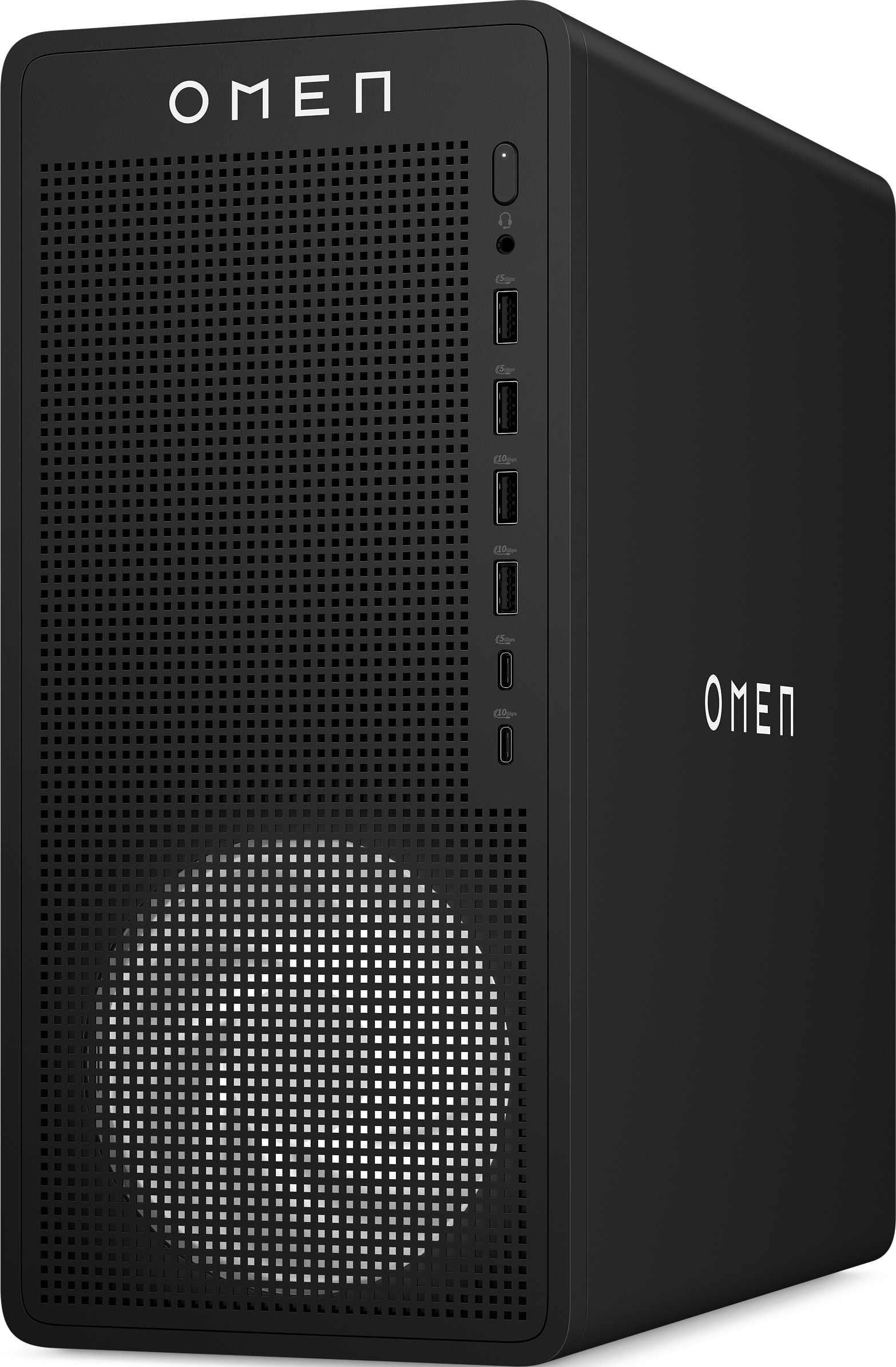 Schwarzer OMEN Desktop-Computer. Die Vorderseite hat ein perforiertes Design. Oben befindet sich das OMEN-Logo. Anschlüsse an der Seite.