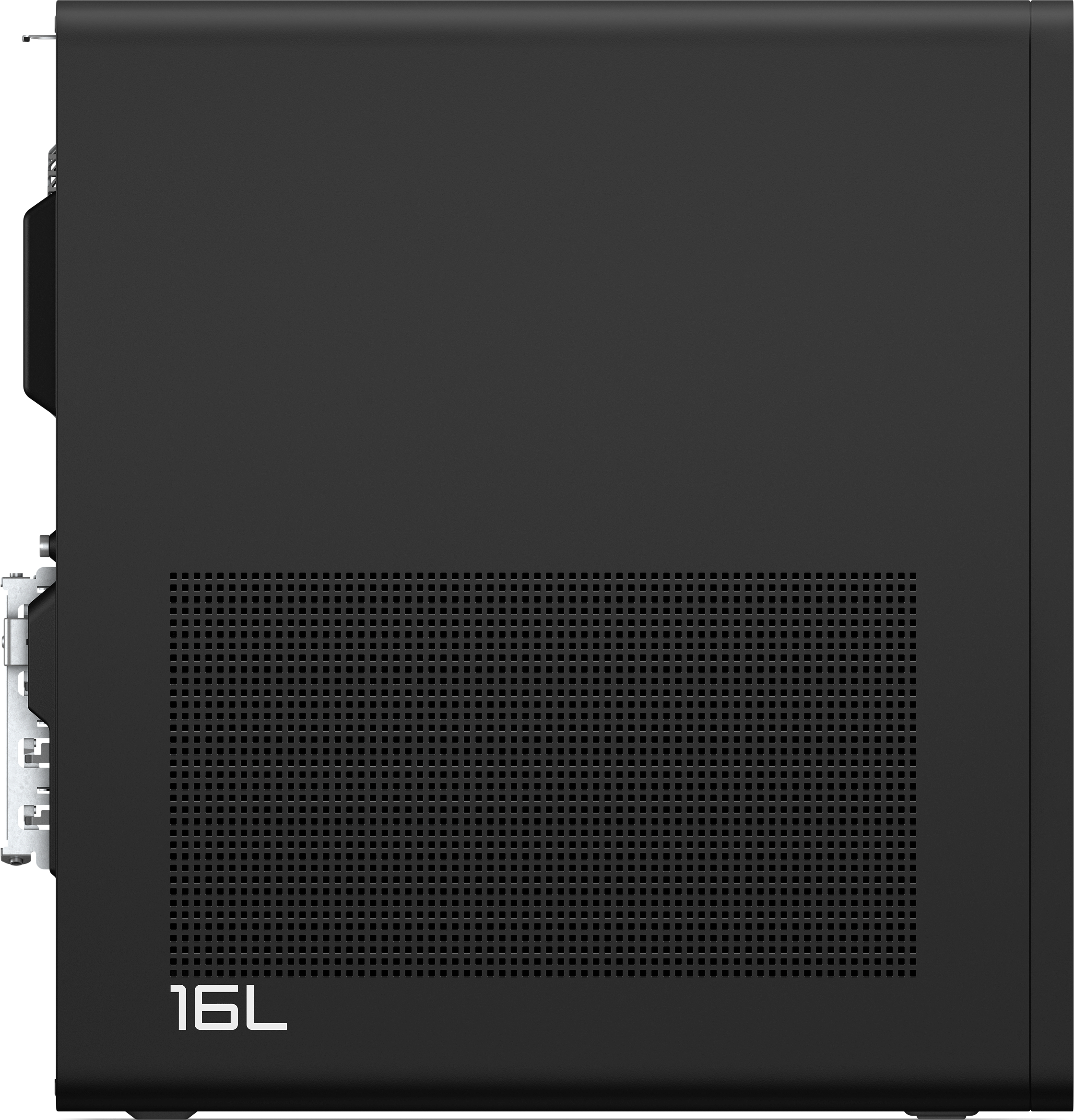 Seitenansicht eines schwarzen Computergehäuses. Es hat einen perforierten Bereich und den Text 16L.