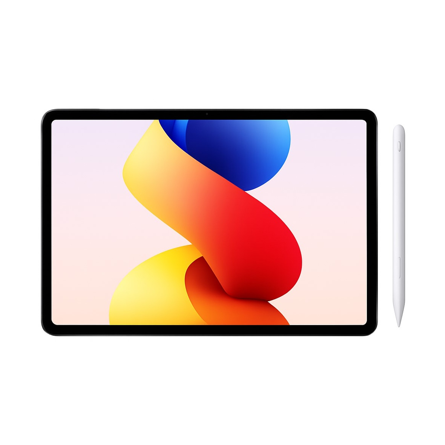 Un tablet mostra un design astratto colorato. Uno stilo bianco è sulla destra. Lo sfondo è bianco.