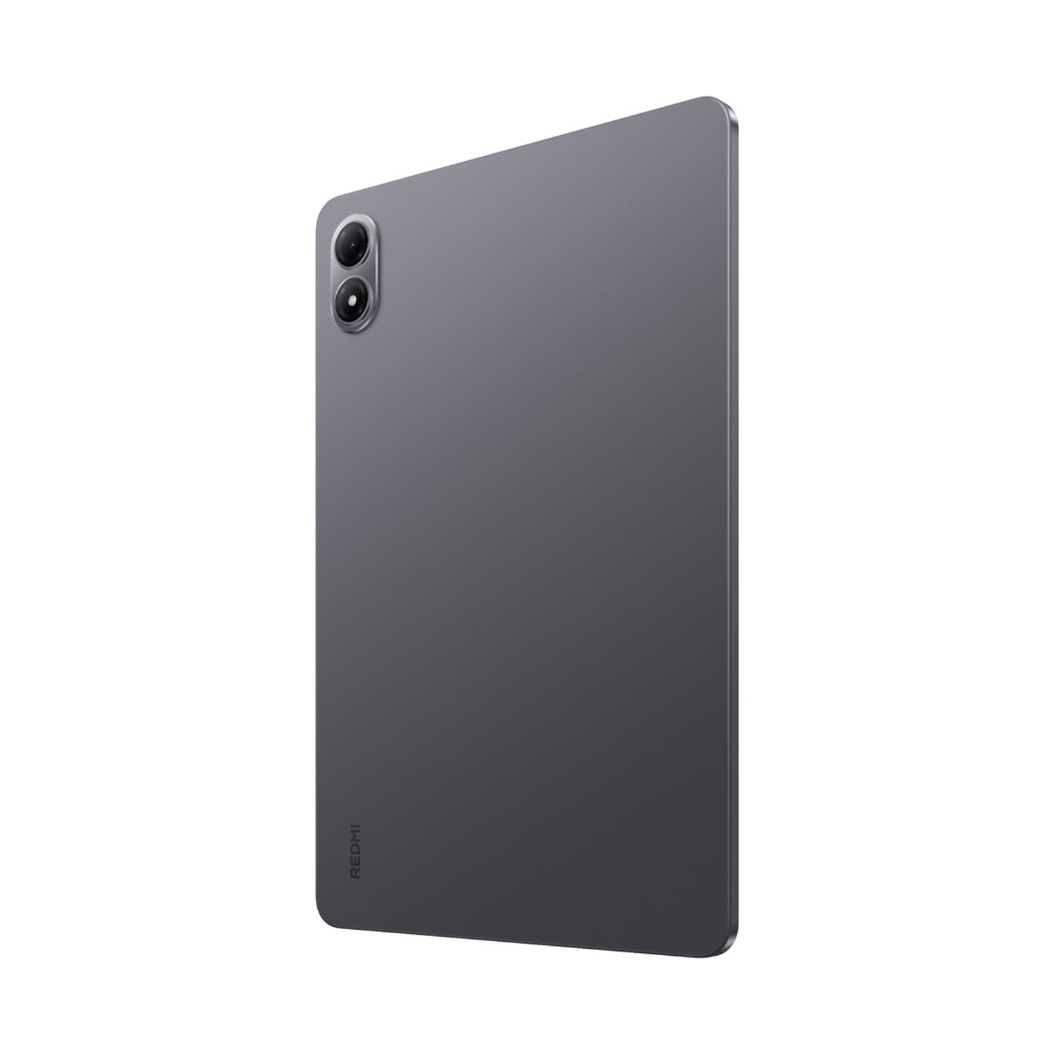Un tablet grigio con due obiettivi. Il logo Redmi è visibile in basso. Lo sfondo è bianco.