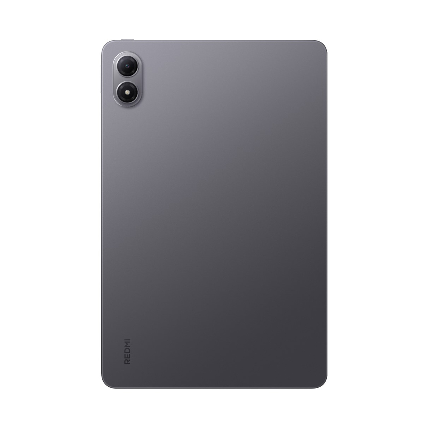 Un tablet grigio è mostrato dal retro, con due lenti della fotocamera in alto. Il logo Redmi è in basso.