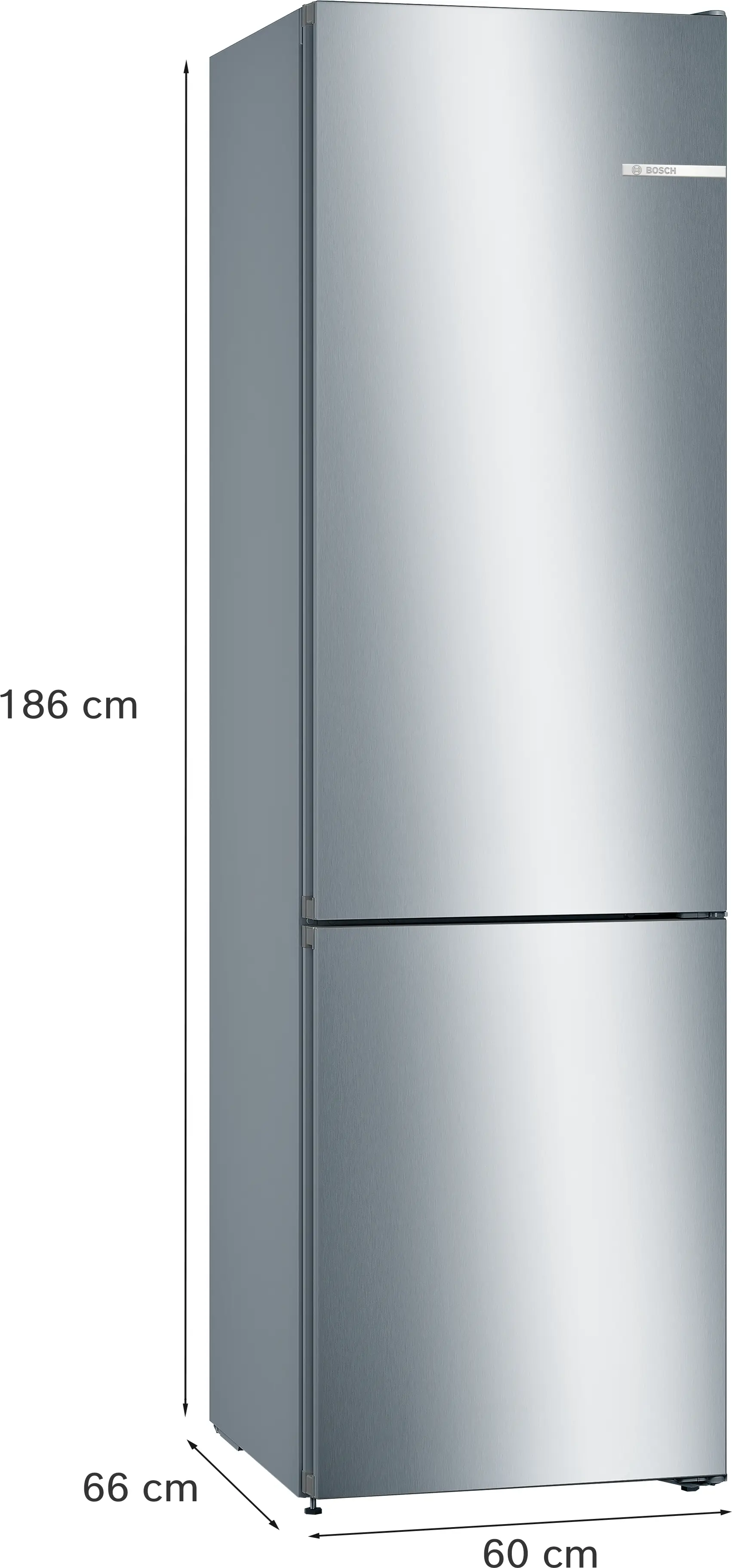 Un refrigerador Bosch de acero inoxidable. Dimensiones: 186 cm alto, 60 cm ancho y 66 cm profundo. El logo de Bosch.