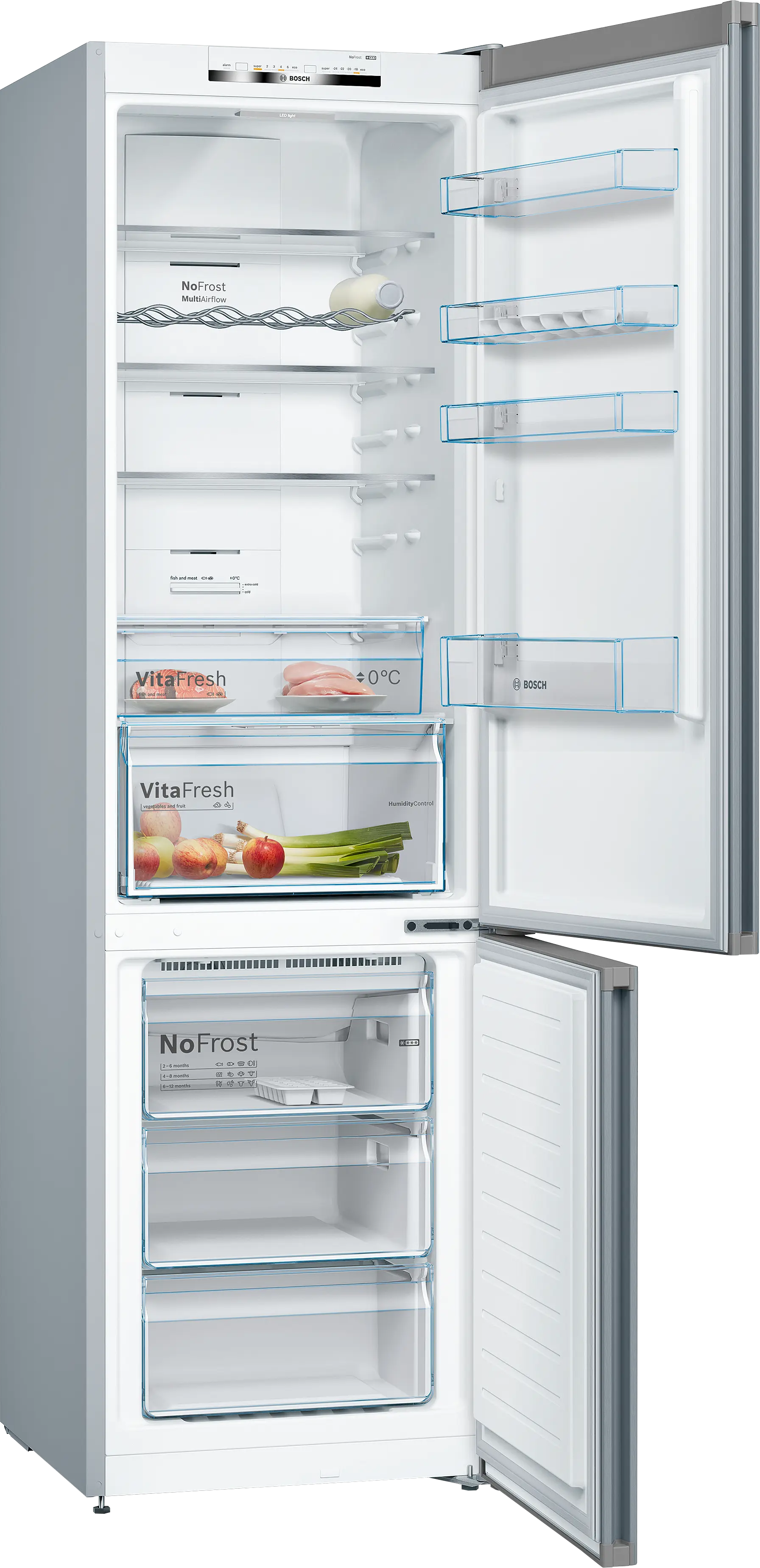 Un refrigerador blanco abierto con estantes, cajones y alimentos dentro. La puerta abierta muestra estantes adicionales.