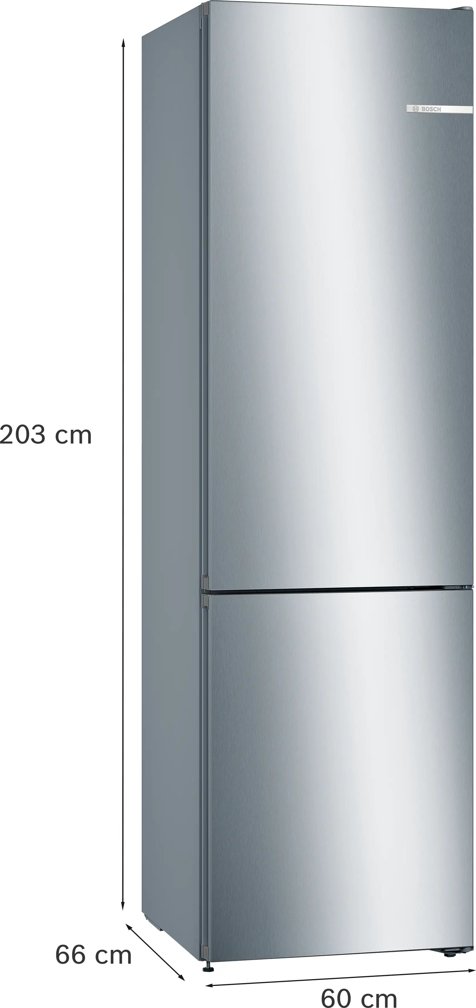 Un refrigerador Bosch de acero inoxidable. Dimensiones: 203 cm alto, 66 cm ancho y 60 cm profundo. Logo Bosch.