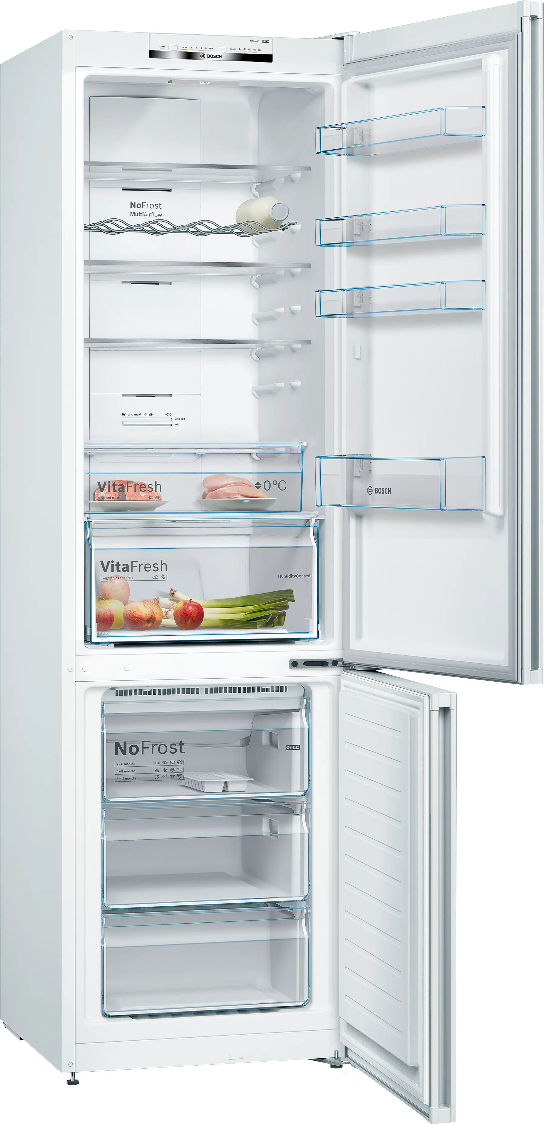 Un refrigerador Bosch blanco con la puerta abierta revela estantes, cajones y compartimentos para guardar alimentos. Se ven frutas y carnes.