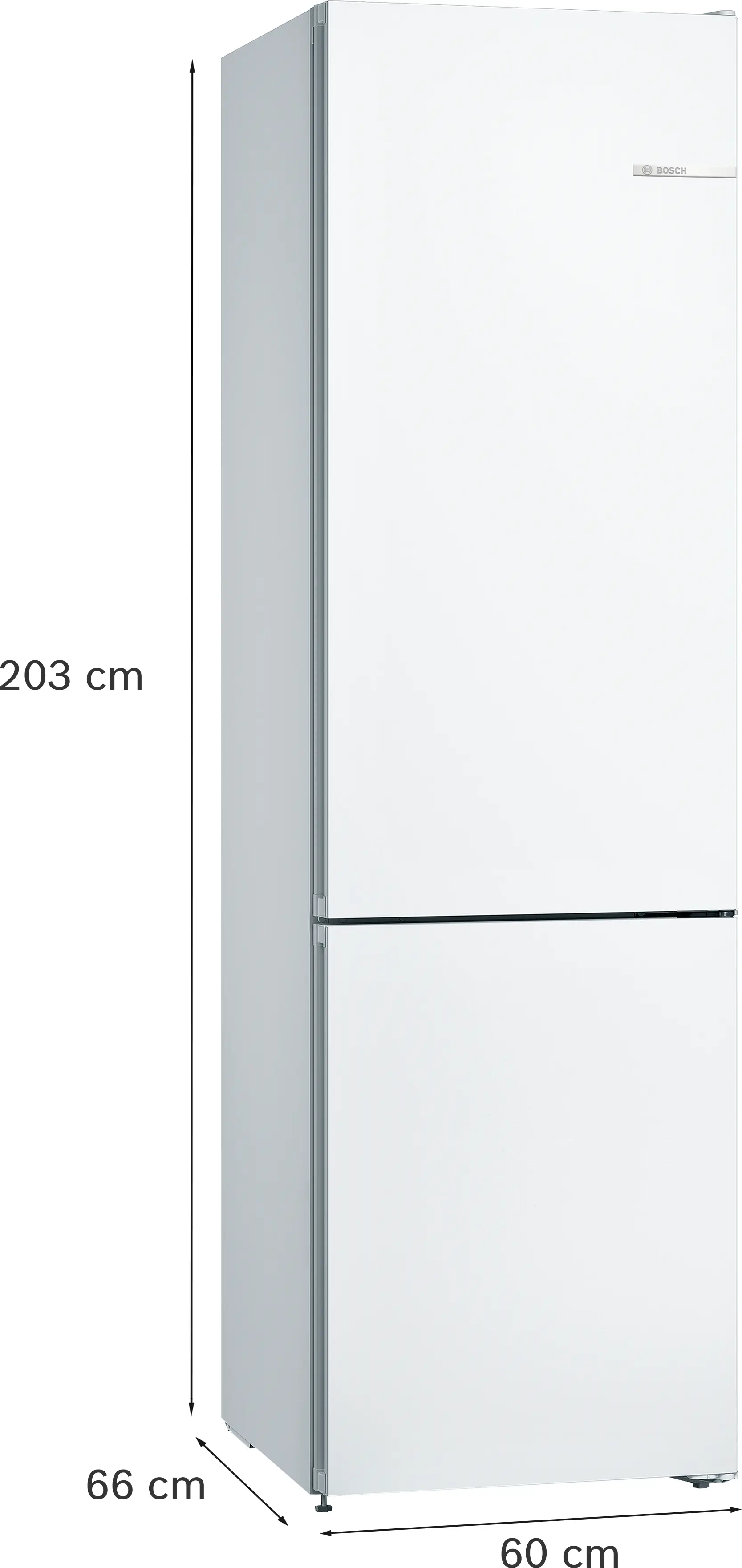 Un refrigerador blanco Bosch con dos puertas. Dimensiones: 203 cm alto, 66 cm profundo y 60 cm ancho.