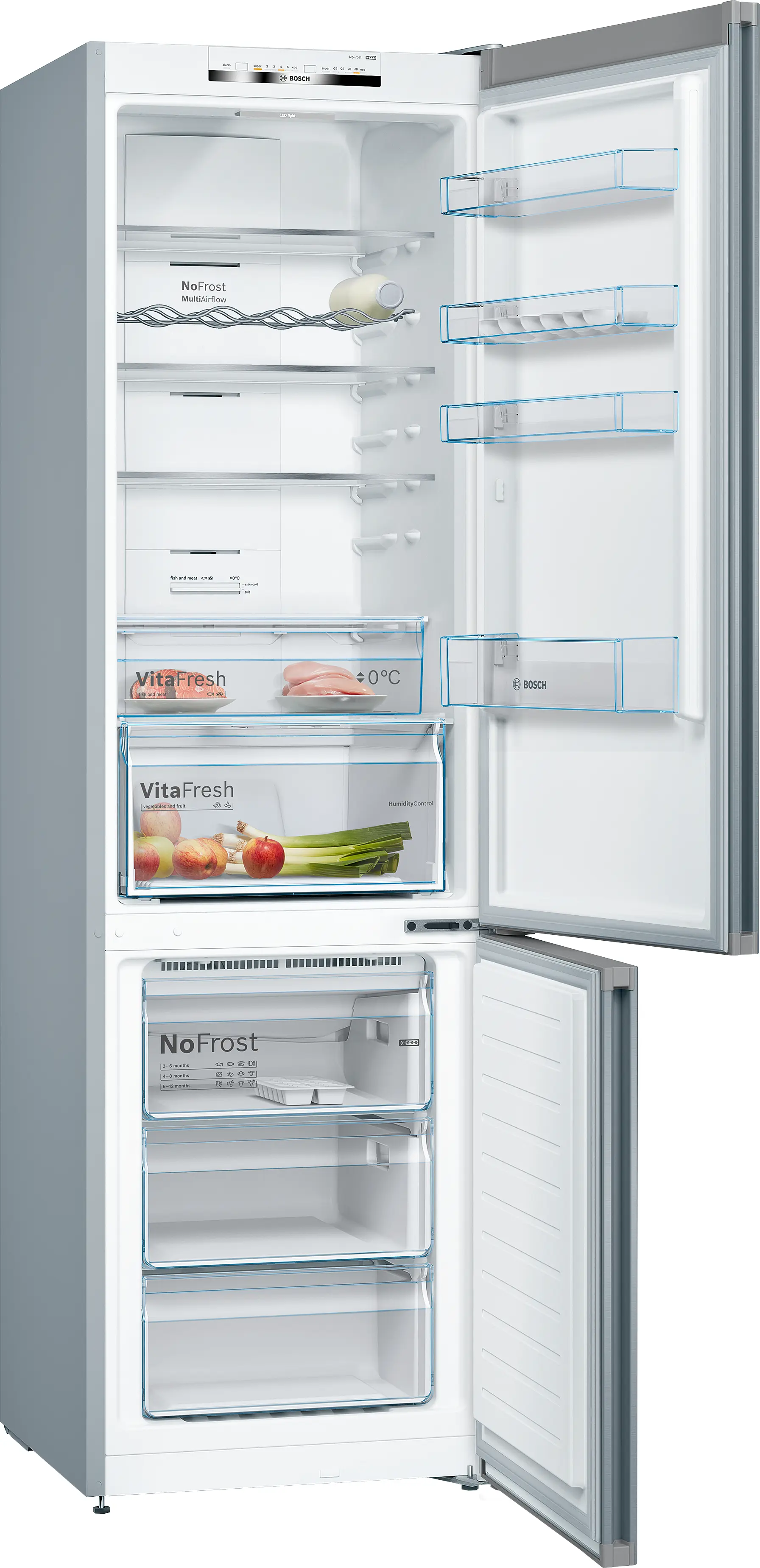 Un refrigerador con la puerta abierta, mostrando estantes, cajones y secciones etiquetadas para almacenar alimentos. Se ven frutas, verduras y carne.