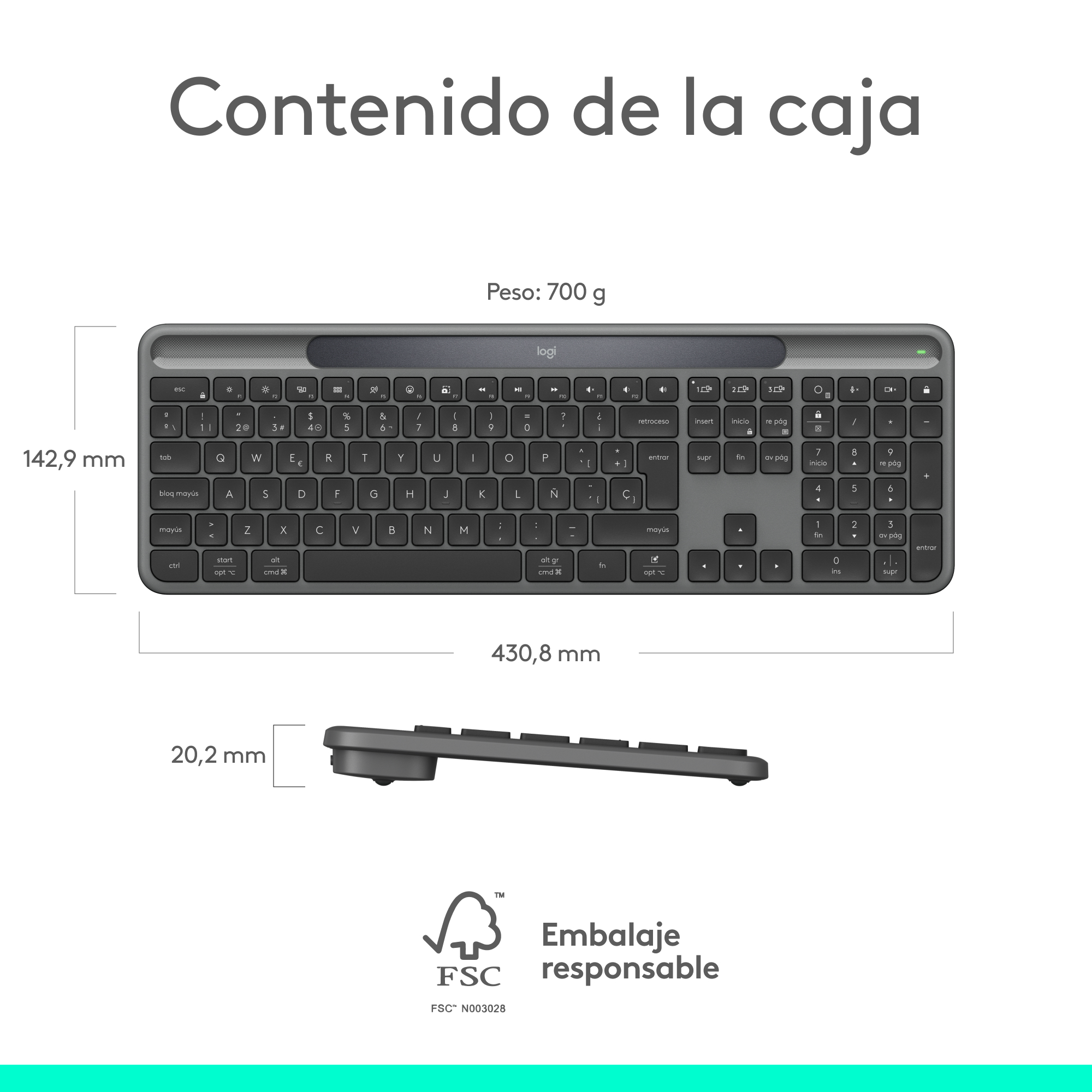 Imagen muestra un teclado gris con dimensiones y peso. Texto dice: 'Contenido de la caja' y 'Embalaje responsable'.