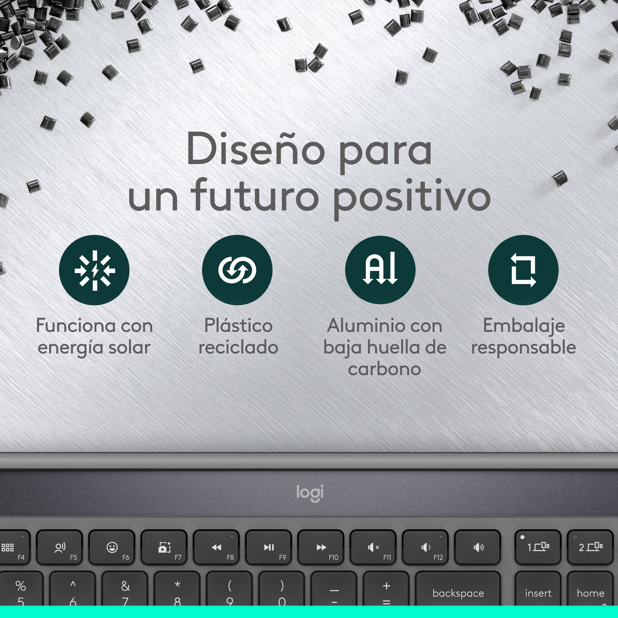 Imagen de un teclado con iconos de sostenibilidad. El texto dice: 'Diseño para un futuro positivo'.