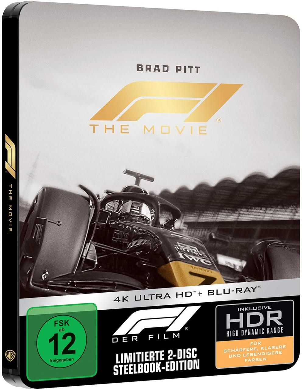 Filmcover mit Brad Pitt, Gold-Logo, Rennwagen und Blu-Ray-Informationen.