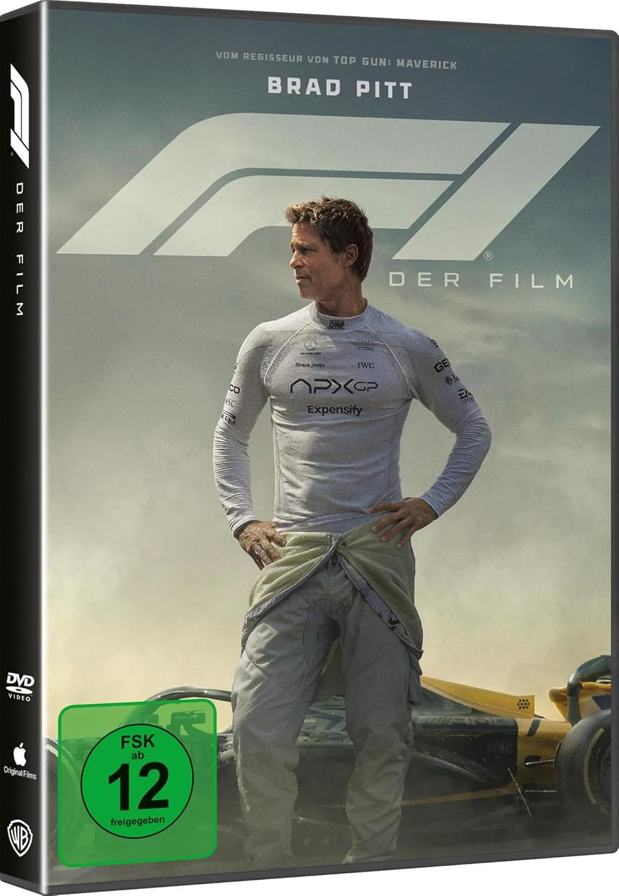 Brad Pitt auf DVD-Cover, trägt einen Rennanzug, mit einem Formel-1-Auto im Hintergrund. Text beinhaltet Filmtitel und Altersfreigabe.