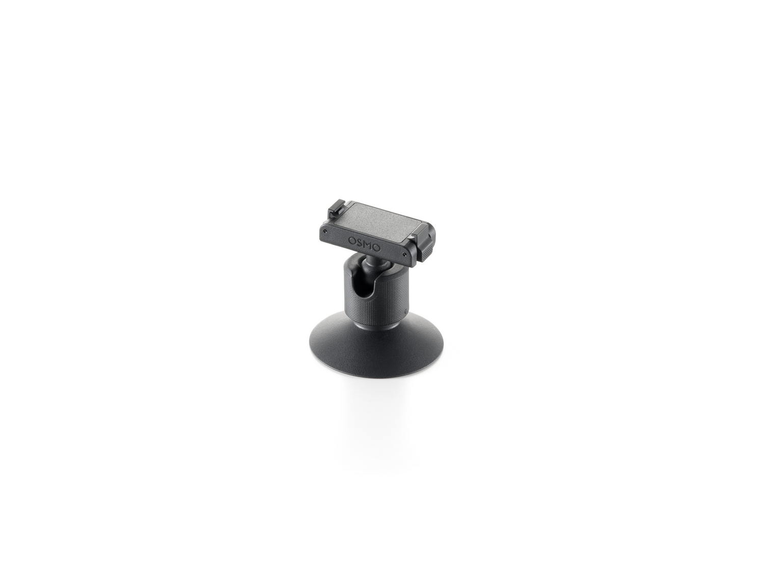 Un soporte negro para teléfono Osmo. Tiene una base de ventosa y una rótula. El soporte del teléfono está arriba.