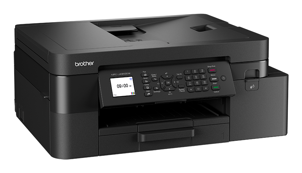 Una impresora negra Brother MFC-J4335DW. Tiene un panel de control con pantalla, botones y una bandeja de papel abajo.