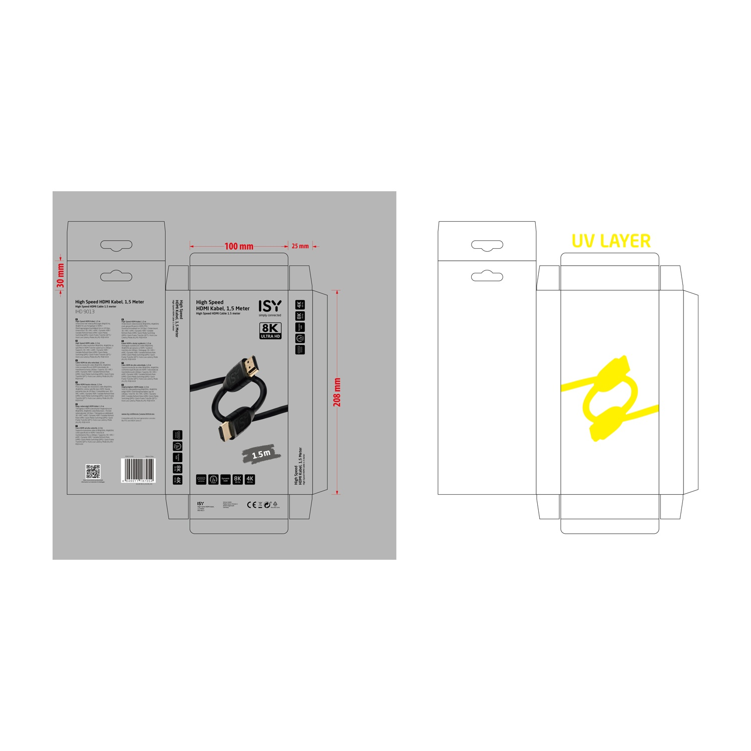 Un design per la scatola di un cavo HDMI ad alta velocità. Presenta dettagli del prodotto, dimensioni e il logo del marchio. Viene mostrato un cavo da 1,5 m.