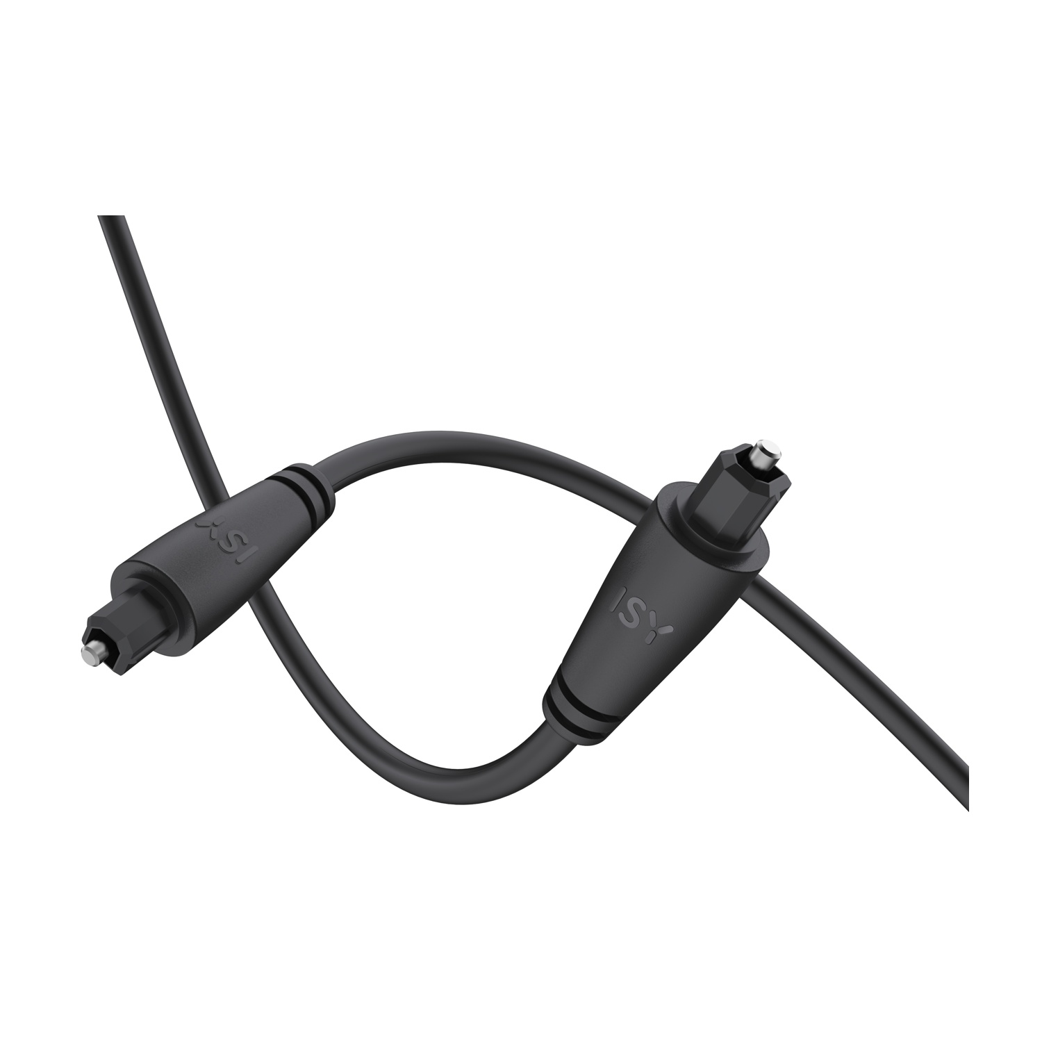 Cavo audio ottico ISY nero su sfondo bianco. Sono visibili due connettori con logo ISY e cavo.