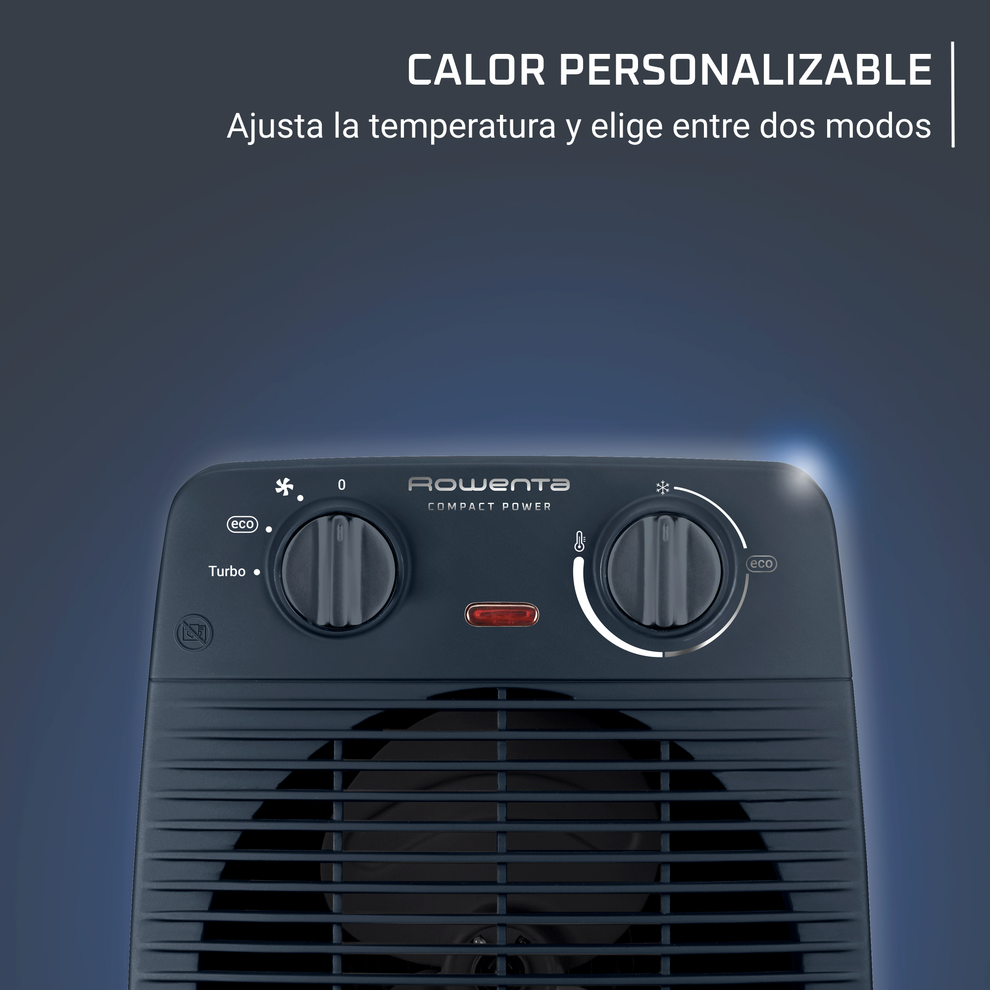 Un calefactor Rowenta negro con dos diales y una luz roja. El texto dice: 'Calor personalizado' y 'Ajustar la temperatura'.