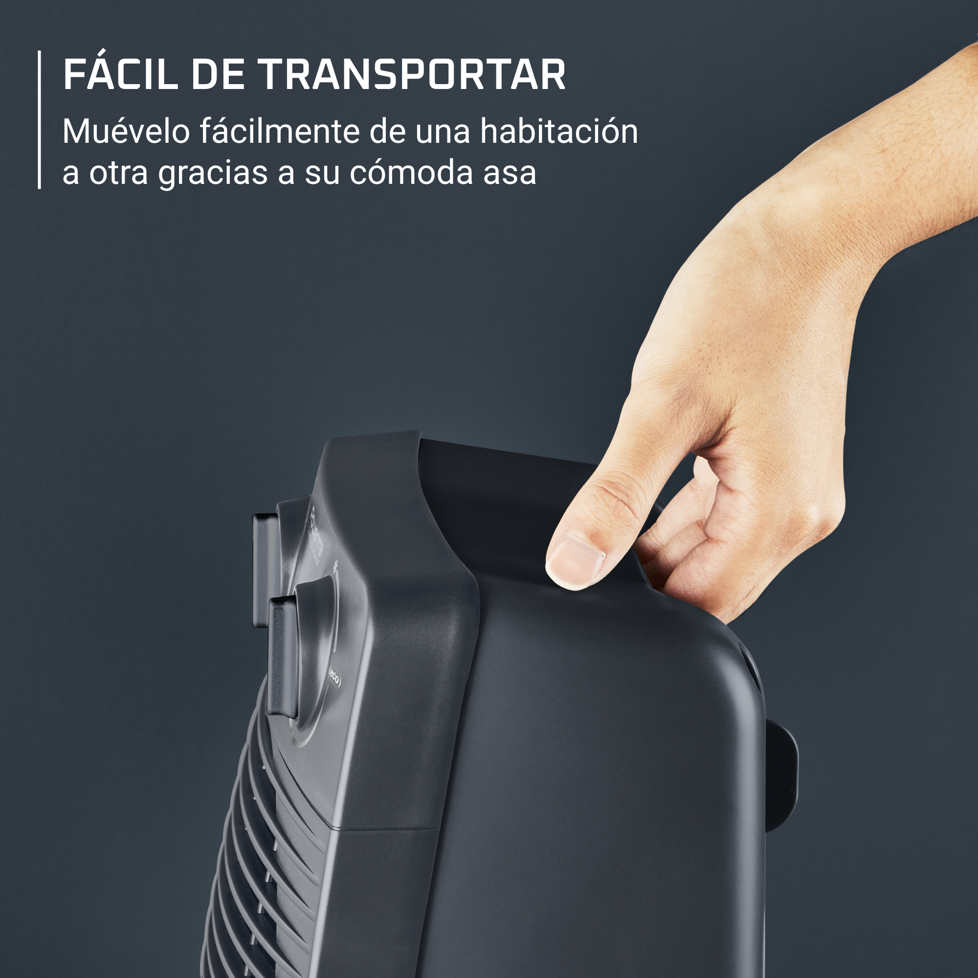 Una mano sostiene un electrodoméstico negro. El texto dice que es fácil de mover.