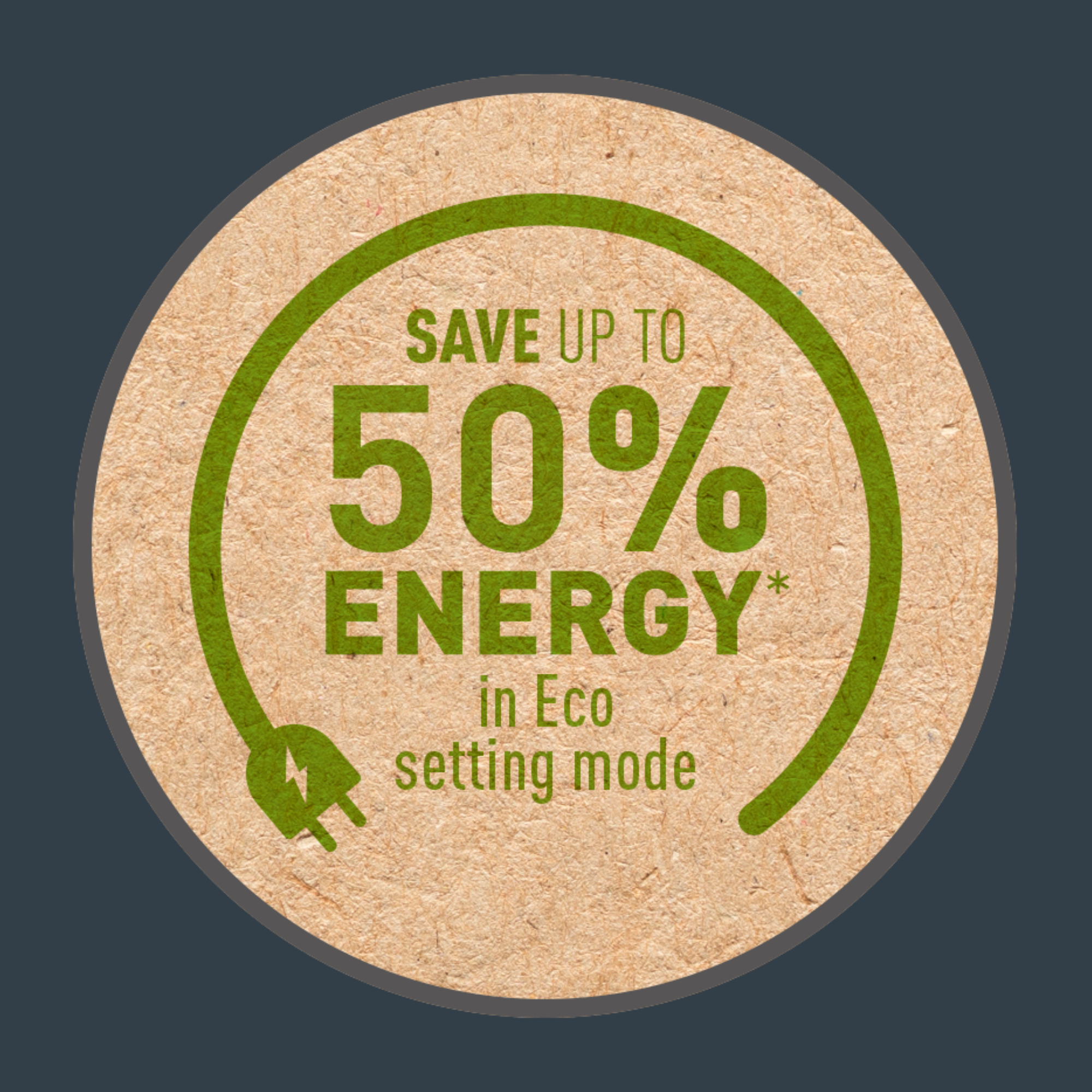 Gráfico circular con texto: Ahorra hasta un 50% de energía en modo Eco. Texto y línea verdes sobre fondo texturizado.