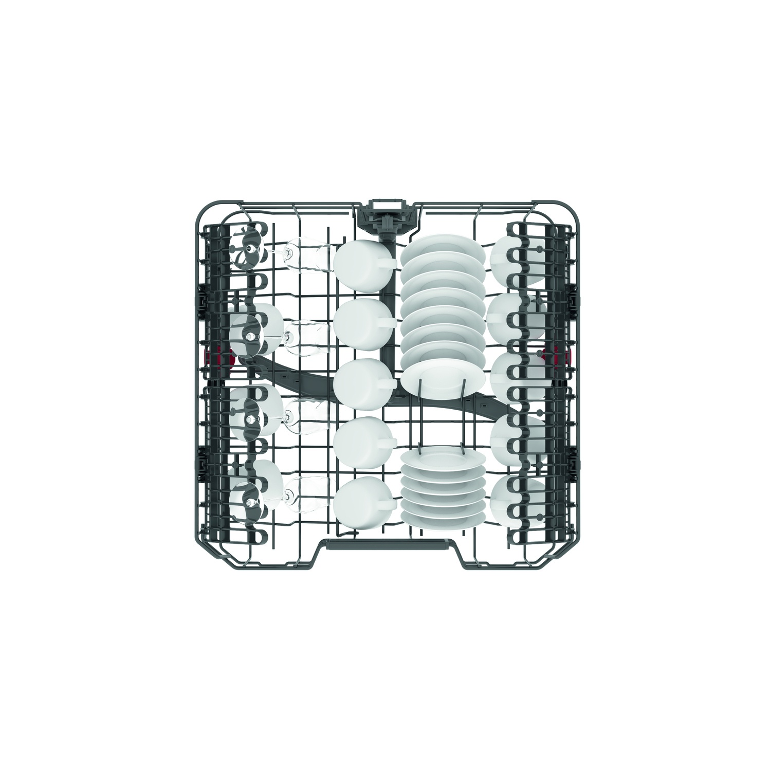 Un panier de lave-vaisselle rempli de vaisselle propre. Assiettes, tasses et verres sont soigneusement disposés dans le cadre métallique, prêts à être lavés.