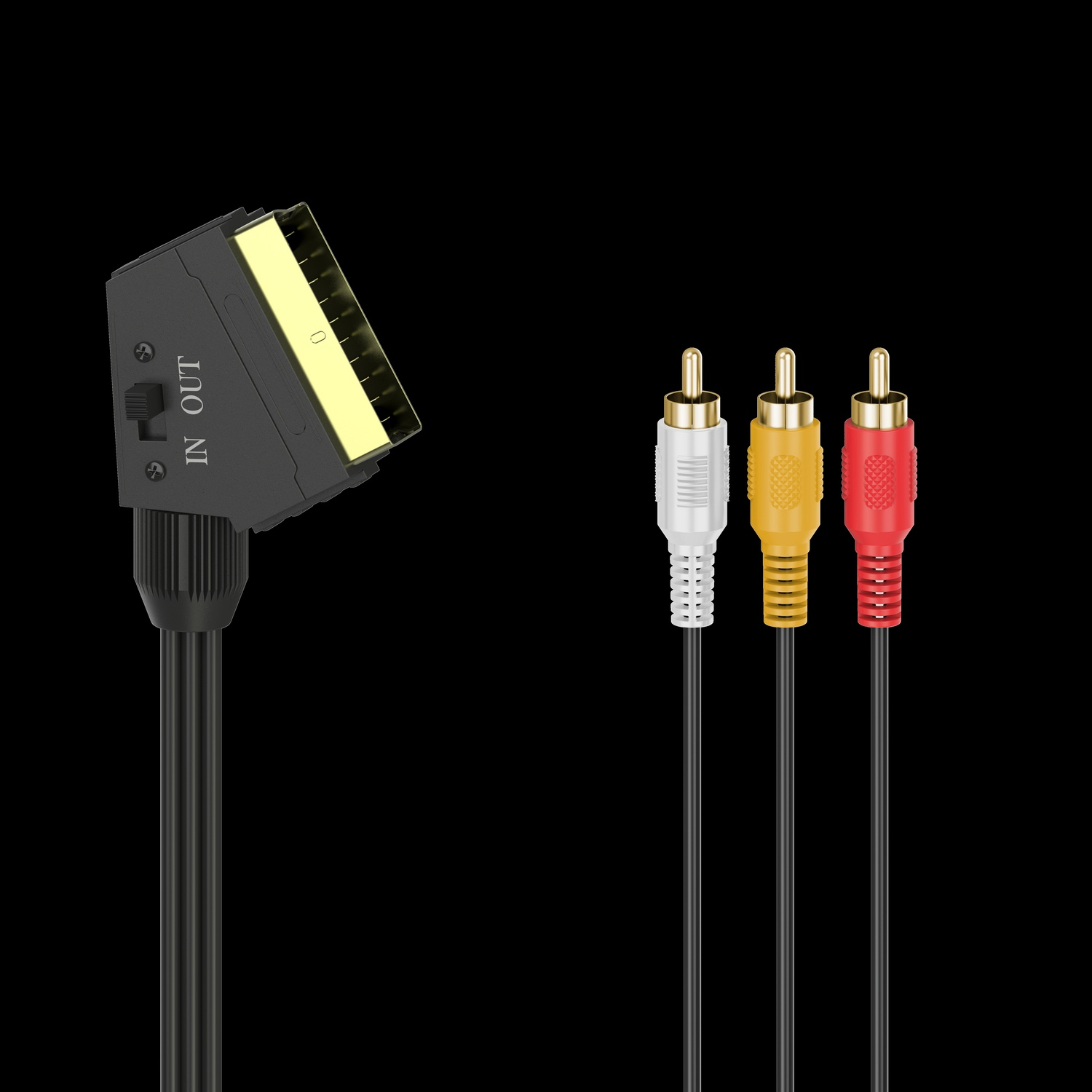 Un connettore SCART a sinistra e tre connettori RCA a destra. I cavi sono neri, i connettori oro, bianco, giallo e rosso.