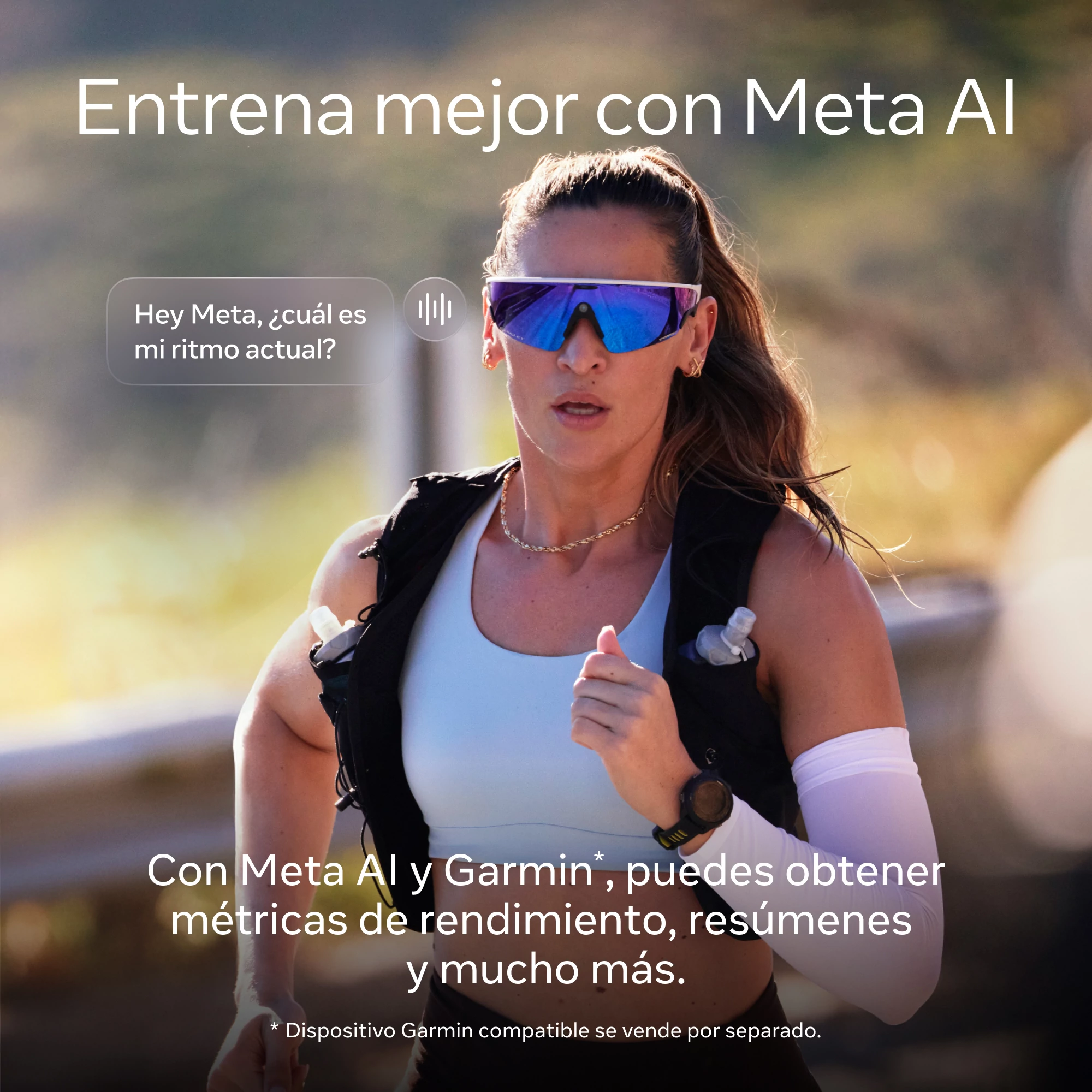 Una mujer corriendo con gafas de sol, usando un reloj. El texto dice: Entrena mejor con Meta AI.